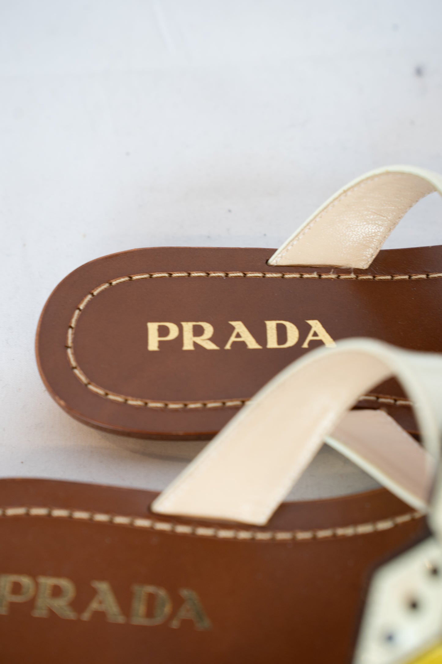 Prada White & Yellow Dice Patent Leather T-strap Sandals