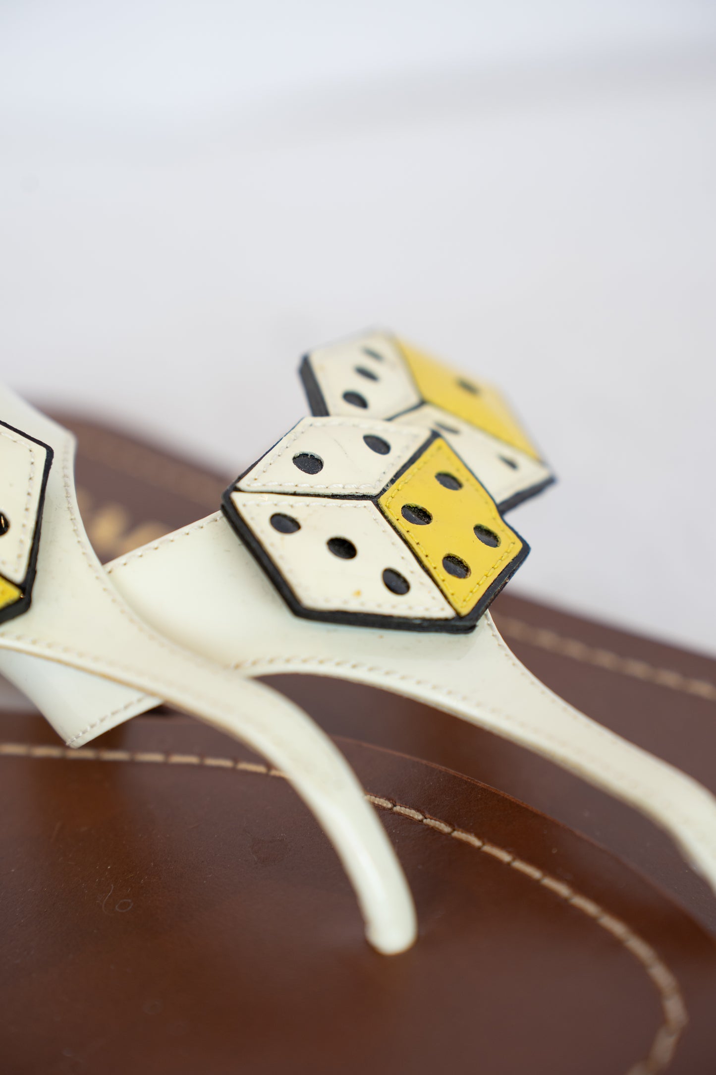 Prada White & Yellow Dice Patent Leather T-strap Sandals
