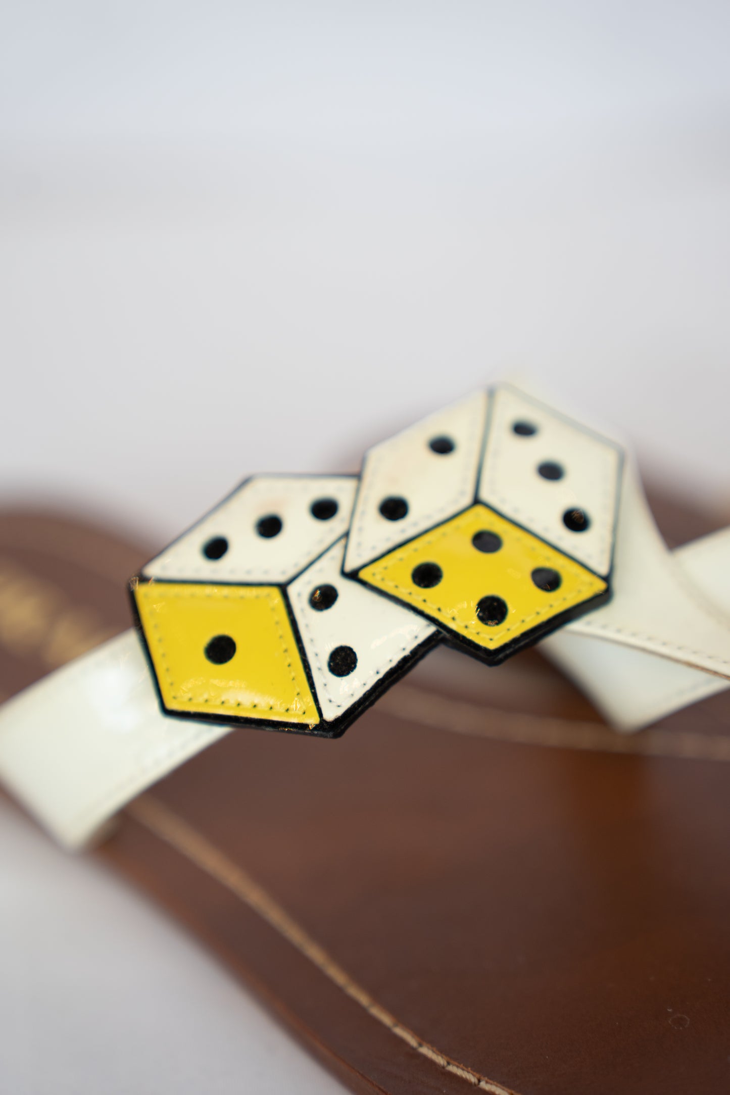 Prada White & Yellow Dice Patent Leather T-strap Sandals