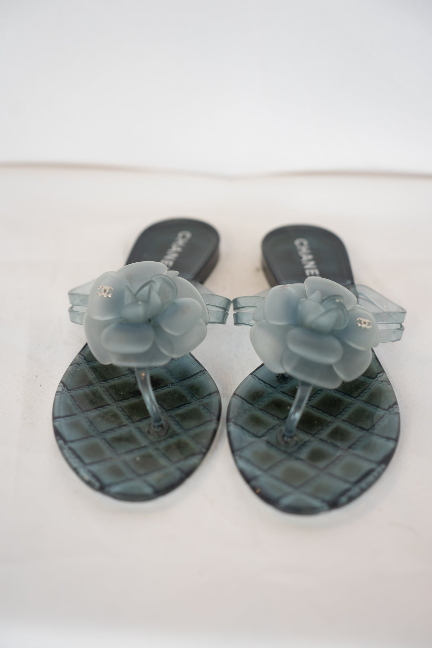 Chanel Teal Jelly Camellia Thong Sandals