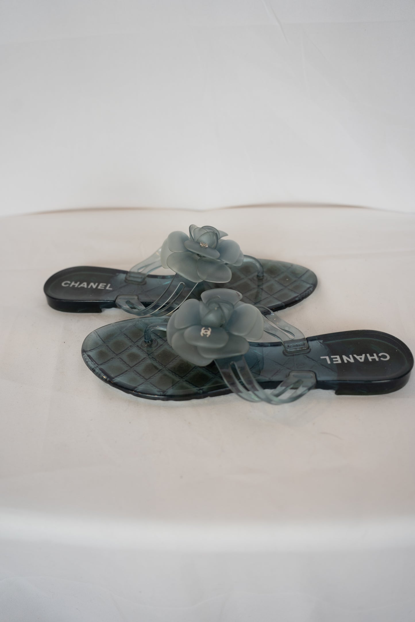Chanel Teal Jelly Camellia Thong Sandals