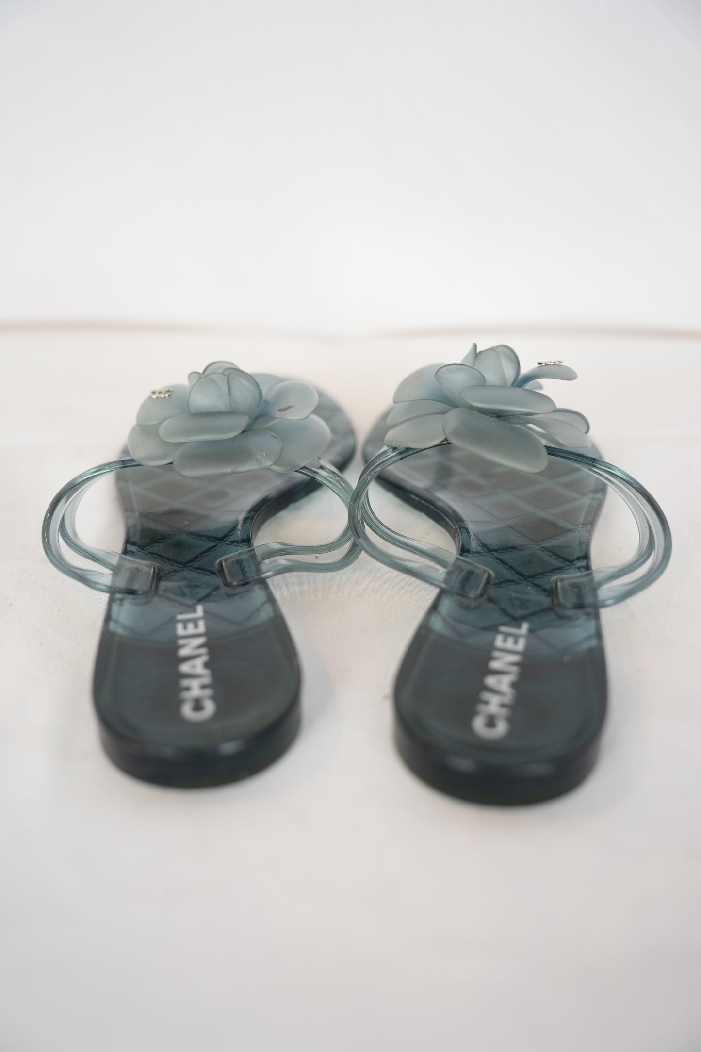 Chanel Teal Jelly Camellia Thong Sandals