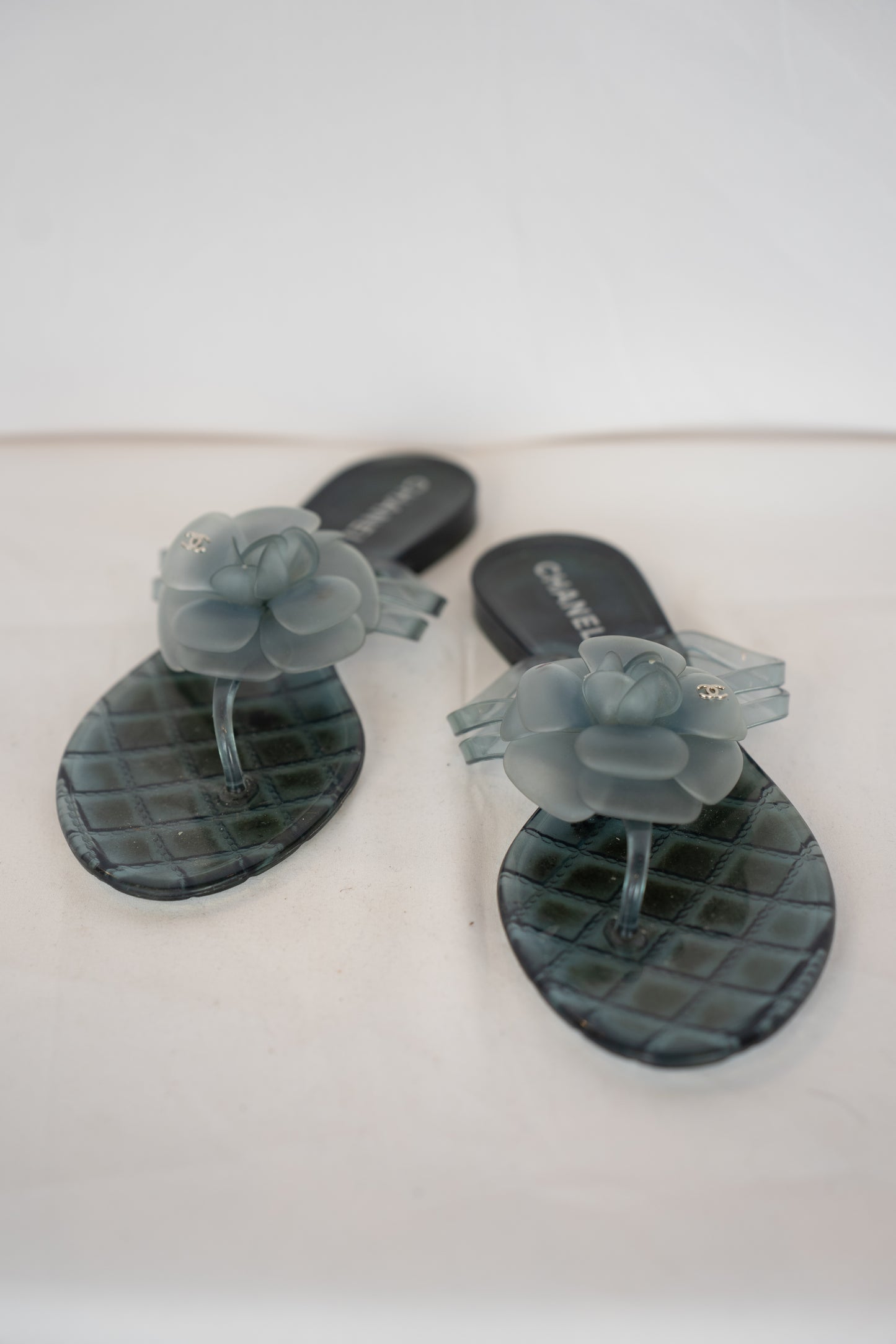 Chanel Teal Jelly Camellia Thong Sandals