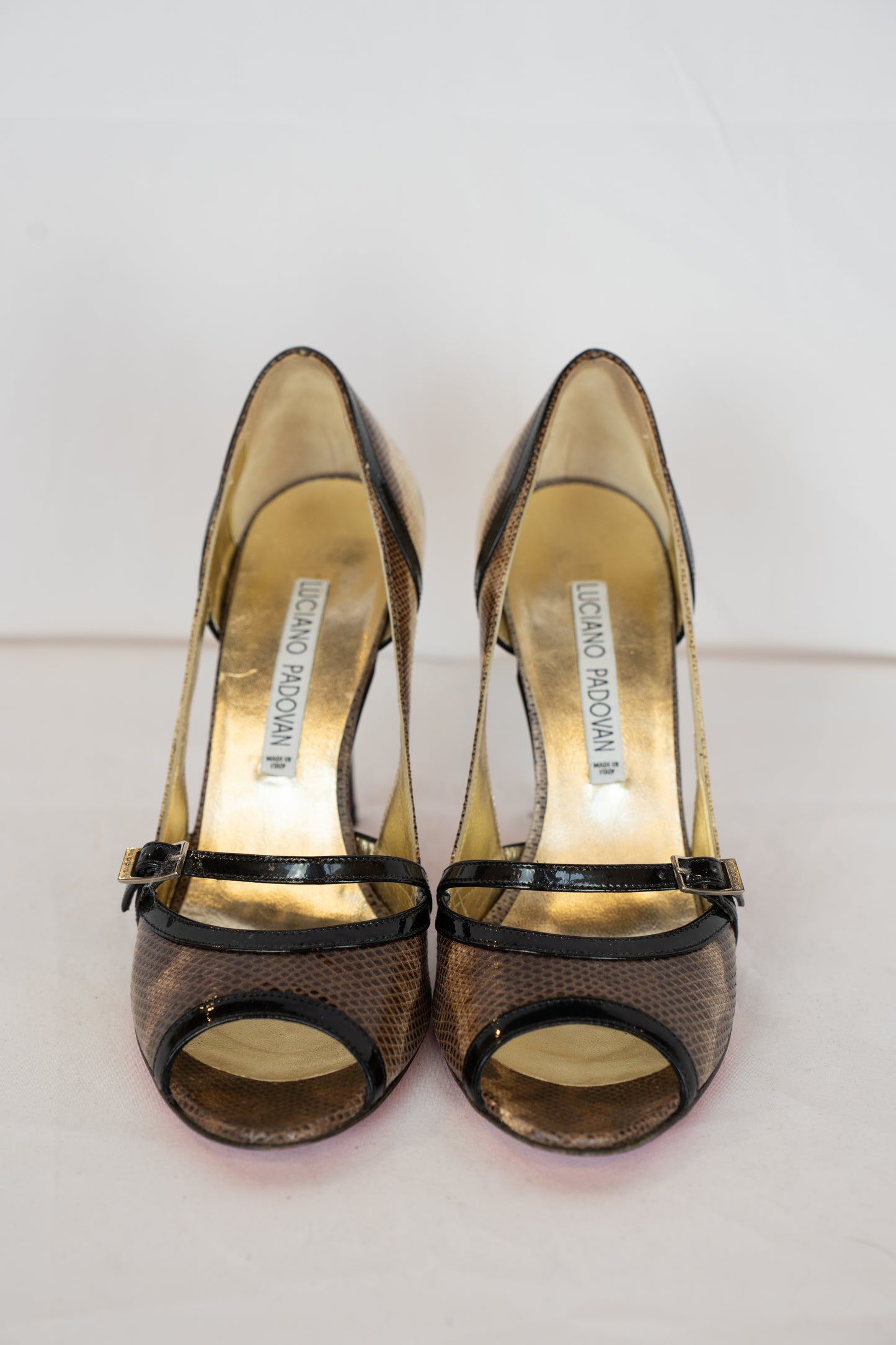 Luciano Padovan Ombre Brown Snakeskin Peep Toe Buckle Strap Pumps w Black Trim