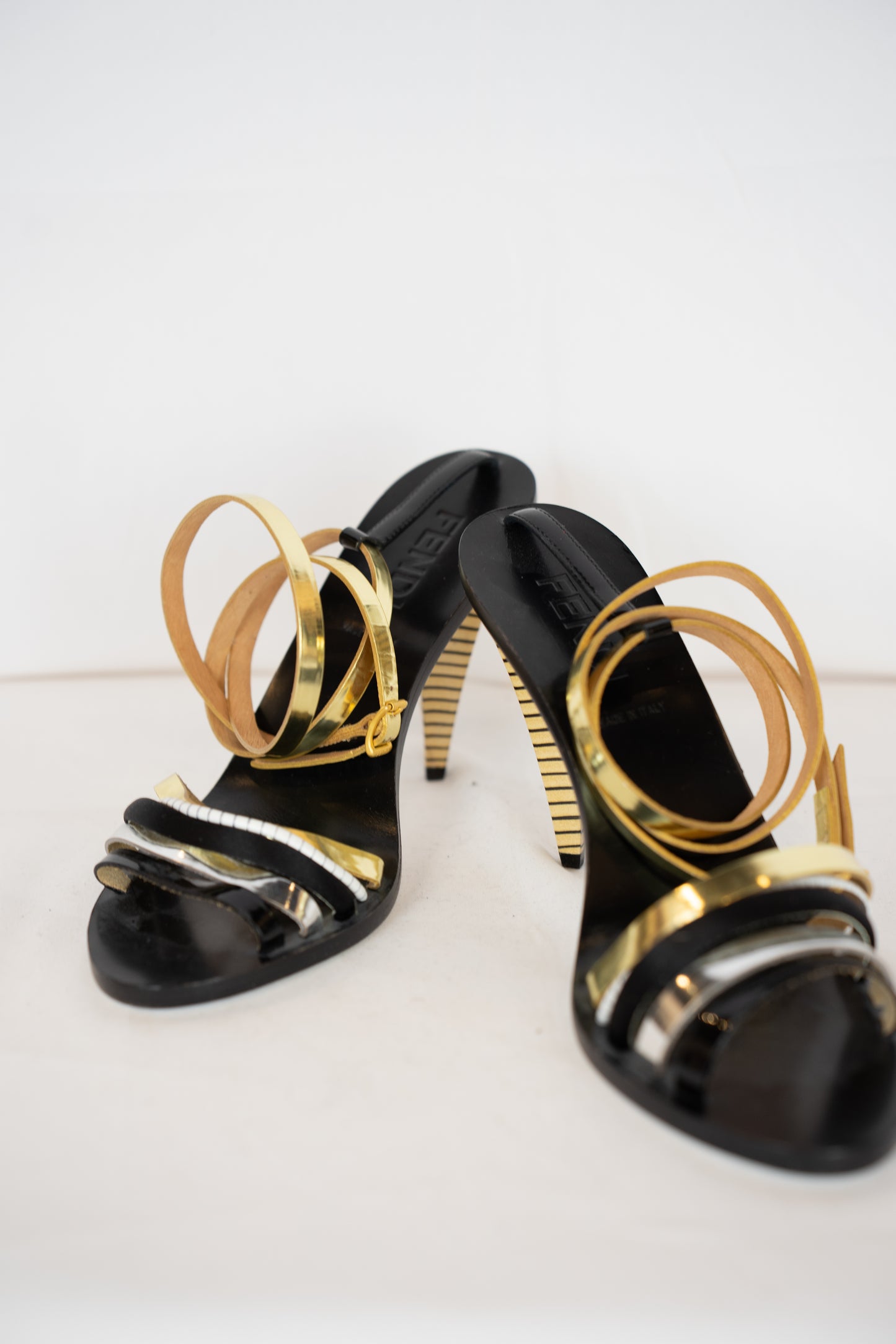 DUSTBAG - Fendi Gold Silver & Black Strappy Heeled Sandals