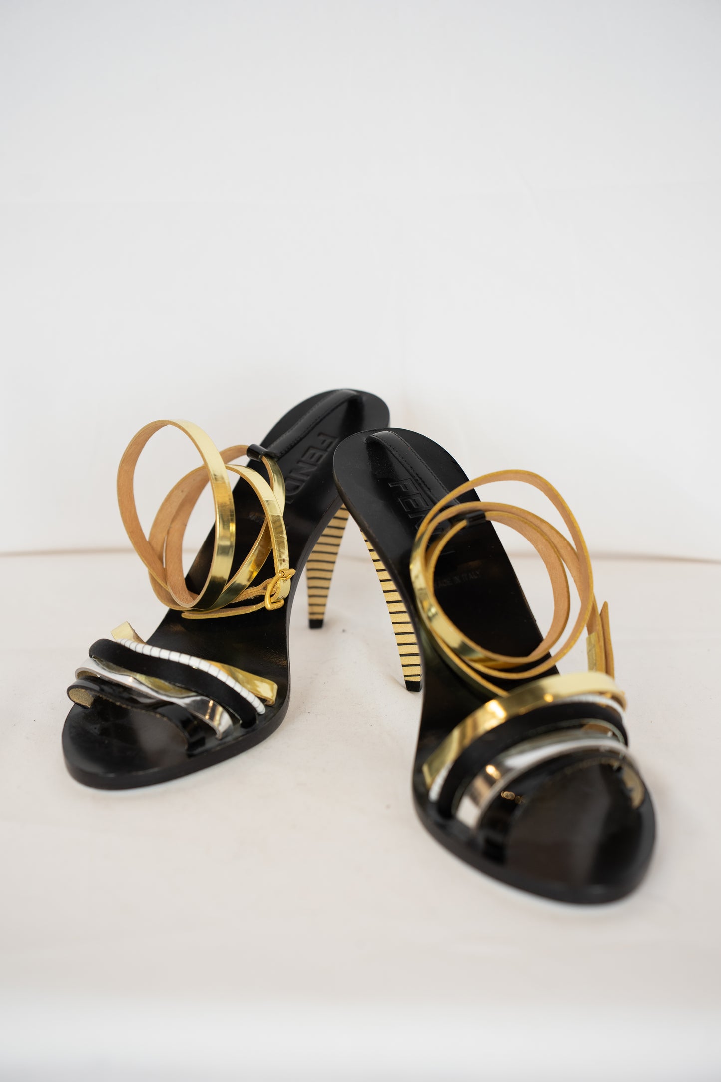 DUSTBAG - Fendi Gold Silver & Black Strappy Heeled Sandals