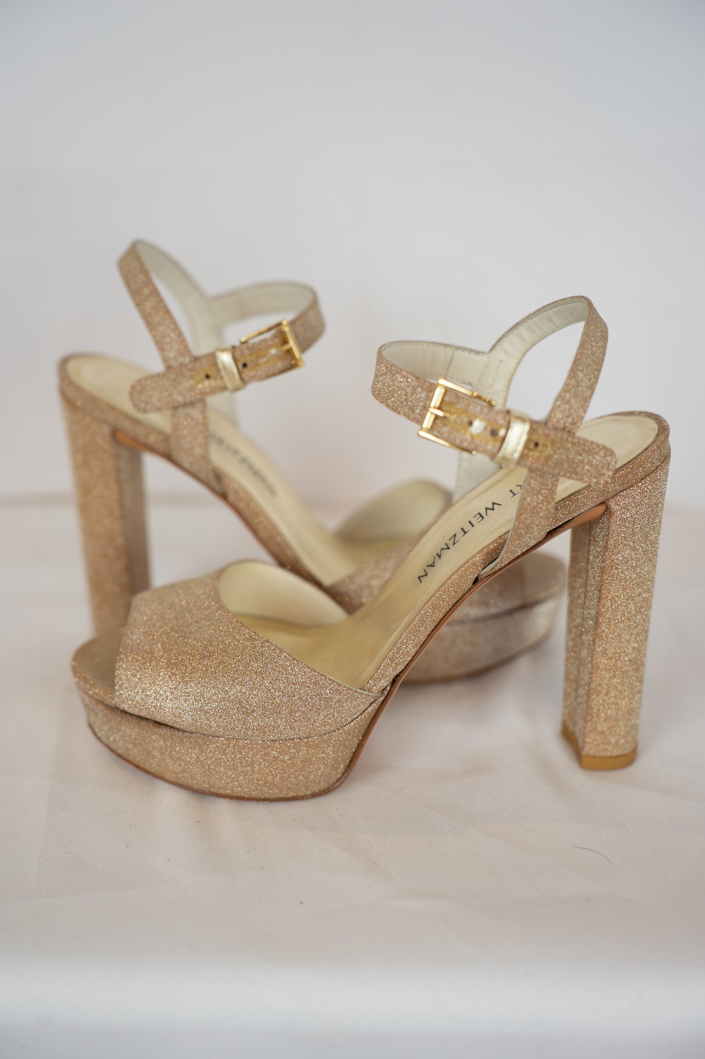 Stuart Weitzman Gold Sparkle Peep Toe Platfom Sandals