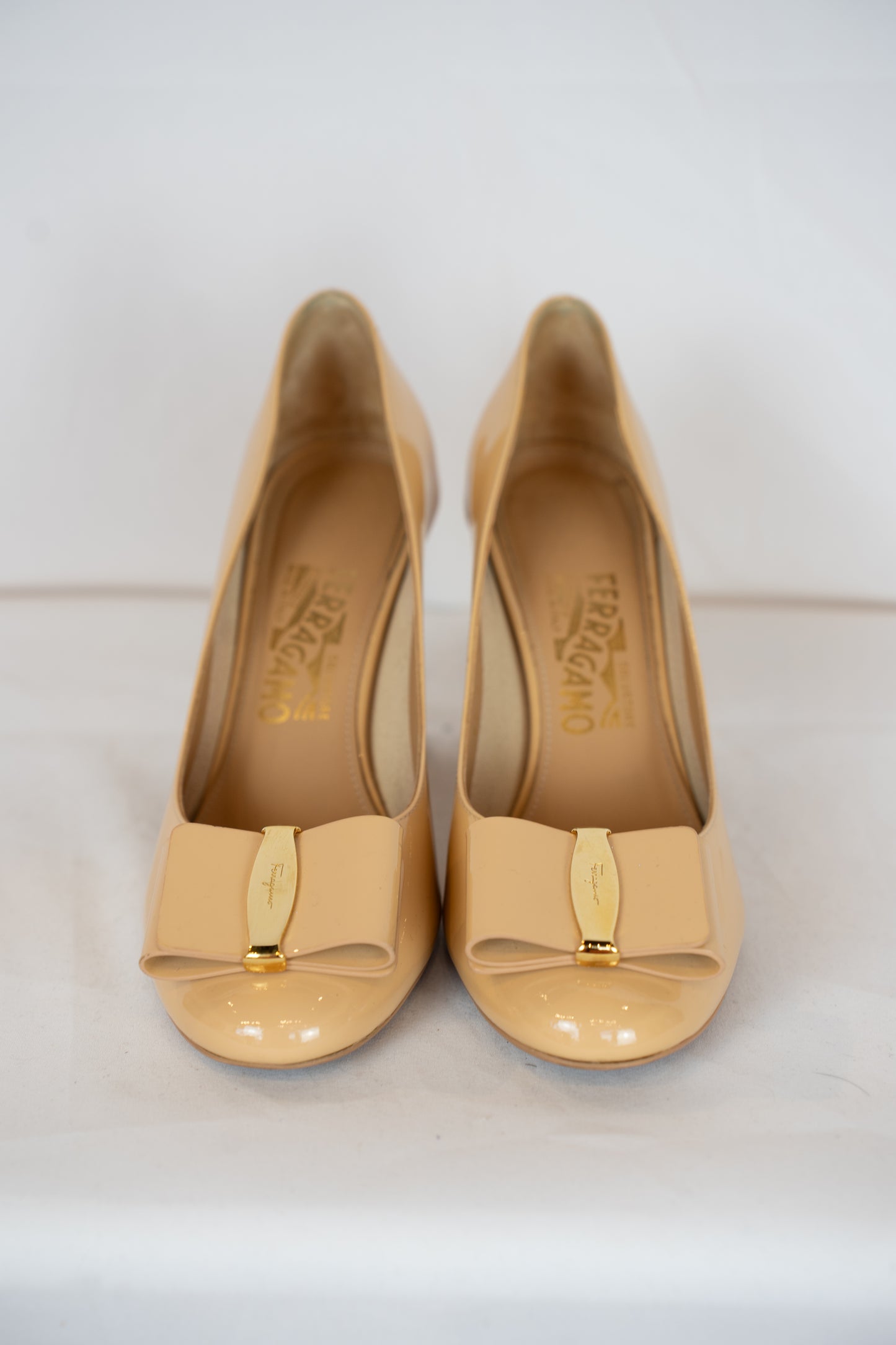 Ferragamo Nude Round Toe Pumps w/ Toe Bow