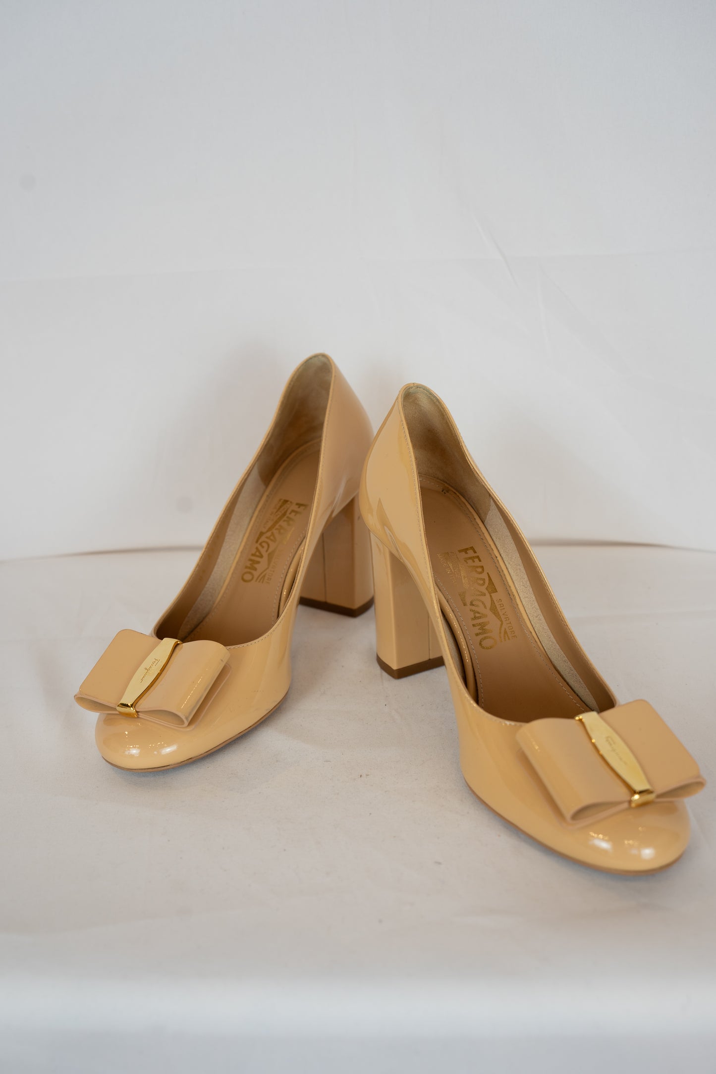 Ferragamo Nude Round Toe Pumps w/ Toe Bow