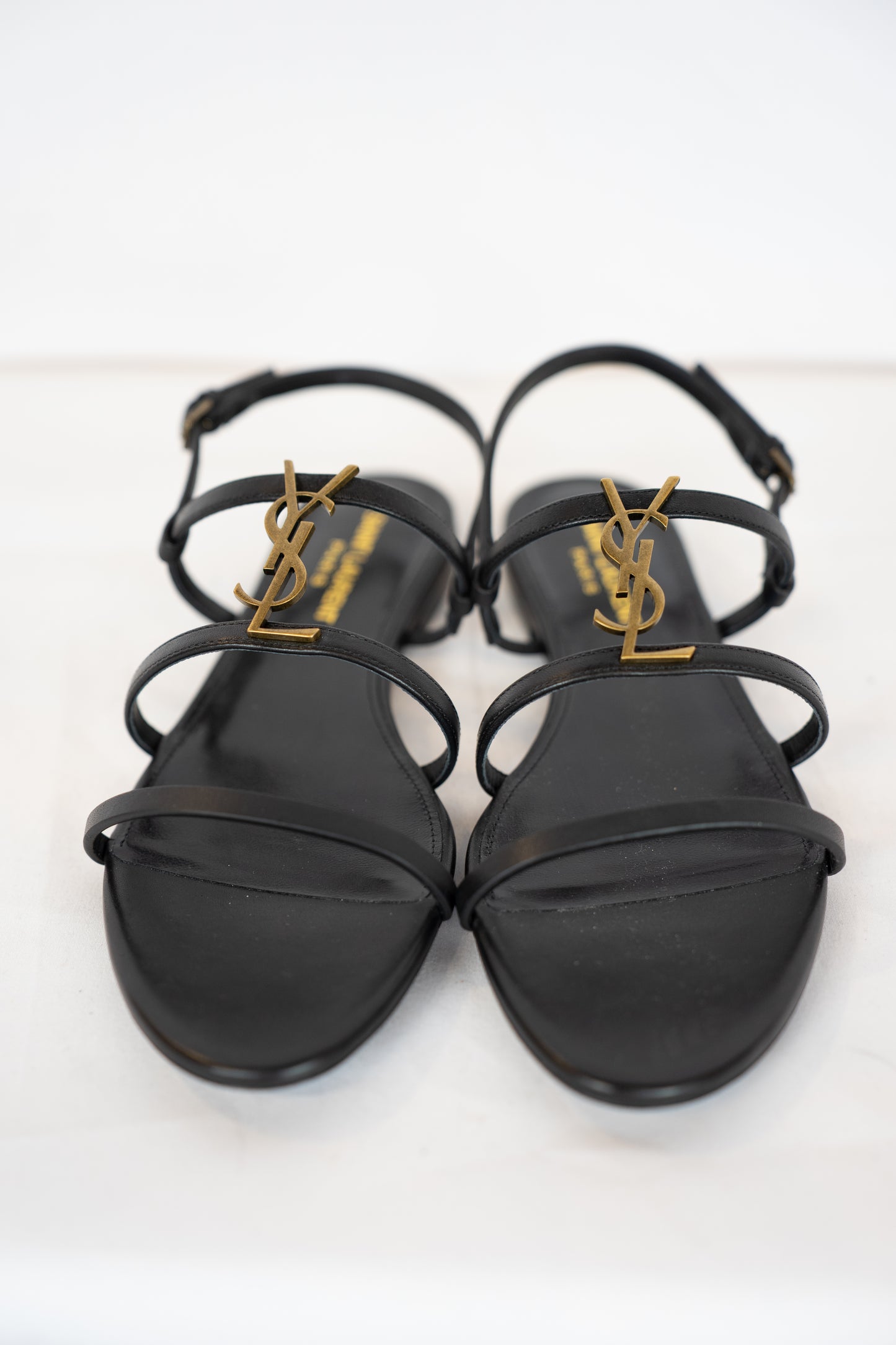 COMES WITH BOX - Saint Laurent Black Tri-Strap Sandal w/ Gold YSL Logo