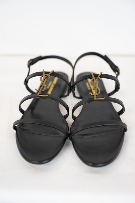 COMES WITH BOX - Saint Laurent Black Tri-Strap Sandal w/ Gold YSL Logo