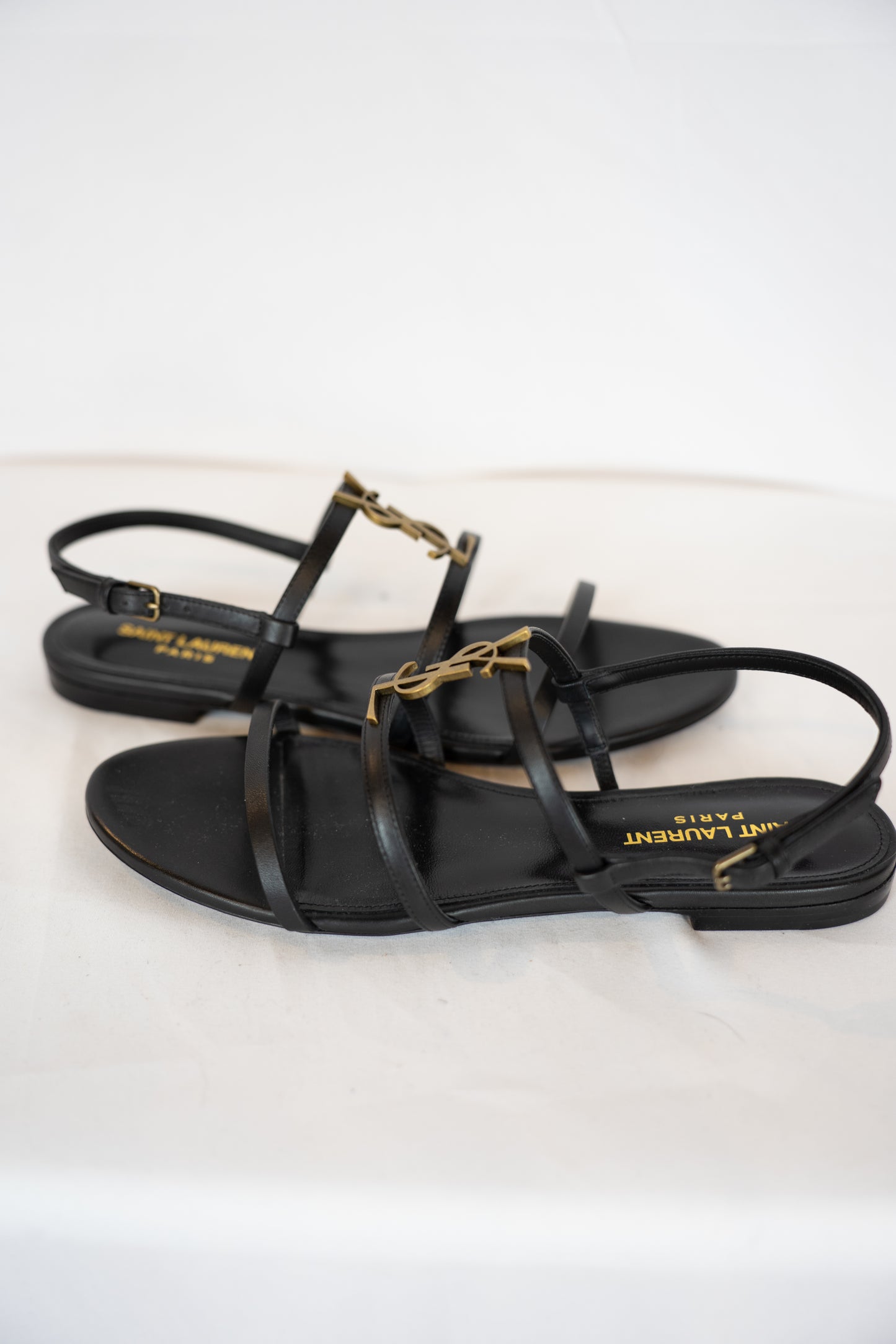 COMES WITH BOX - Saint Laurent Black Tri-Strap Sandal w/ Gold YSL Logo