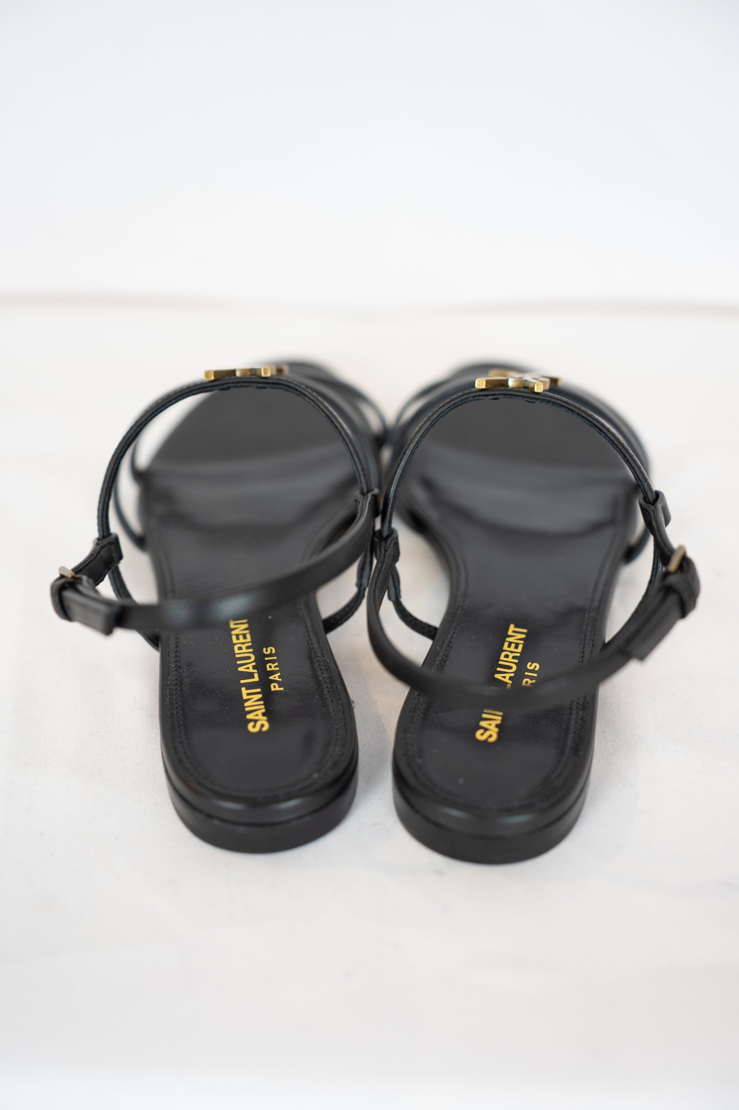 COMES WITH BOX - Saint Laurent Black Tri-Strap Sandal w/ Gold YSL Logo