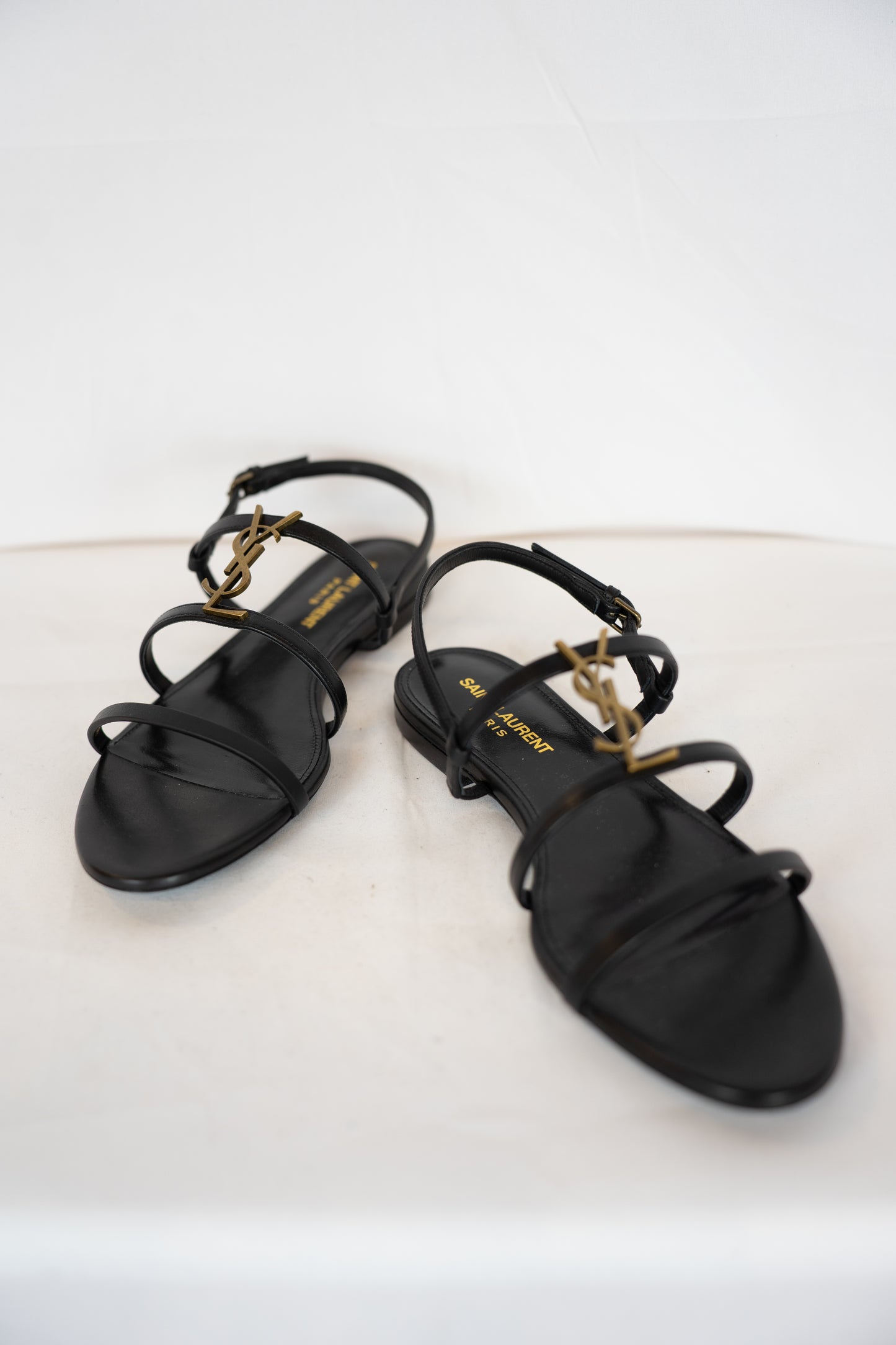 COMES WITH BOX - Saint Laurent Black Tri-Strap Sandal w/ Gold YSL Logo