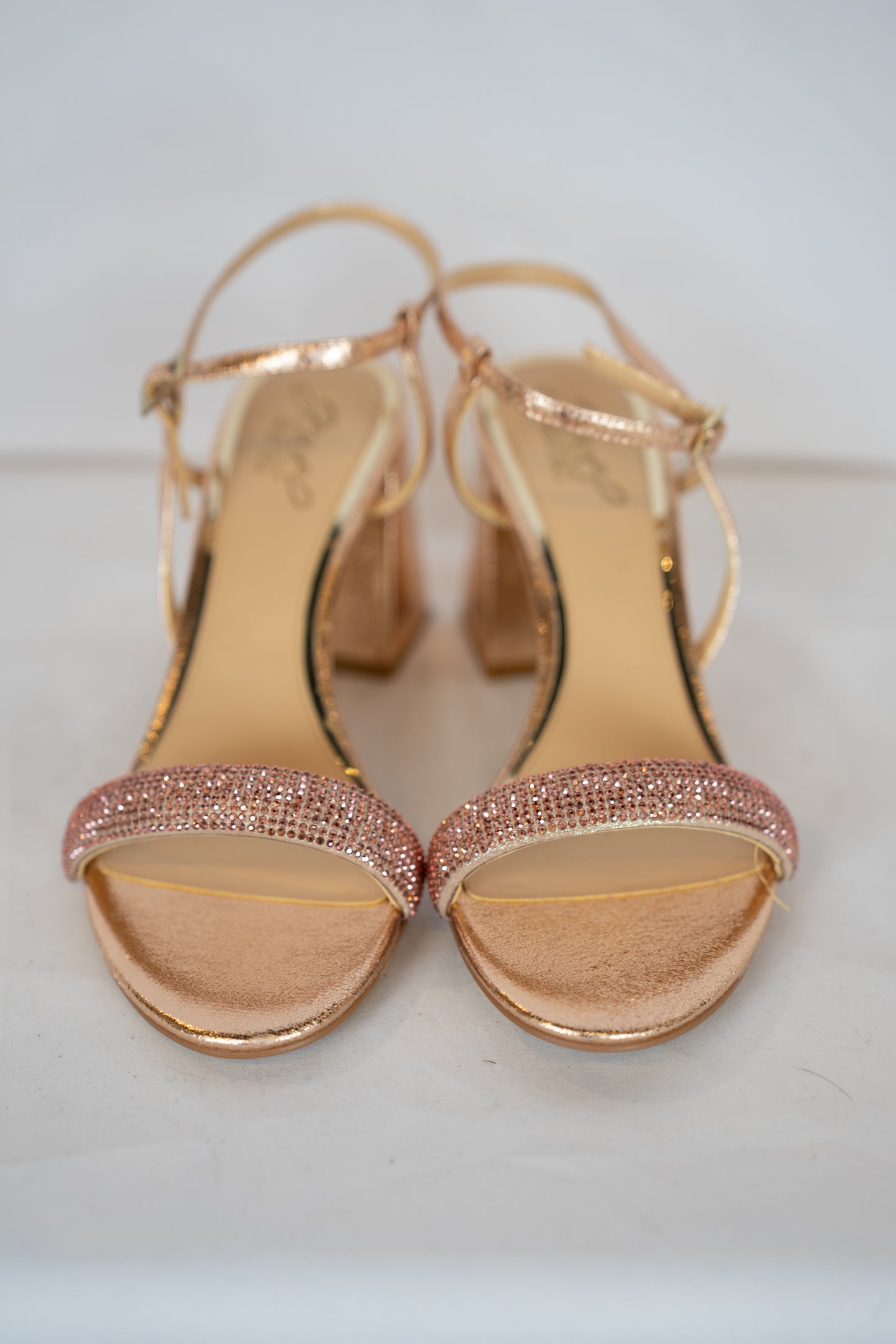 COMES WITH BOX - Jewel Badgley Mischa Rose Gold Rhinestone Block Heels