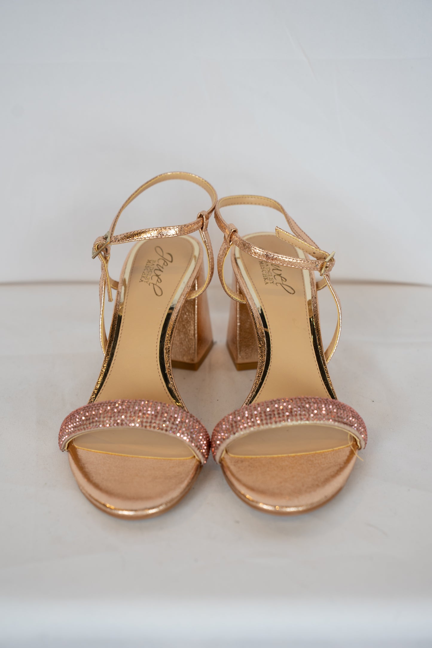 COMES WITH BOX - Jewel Badgley Mischa Rose Gold Rhinestone Block Heels