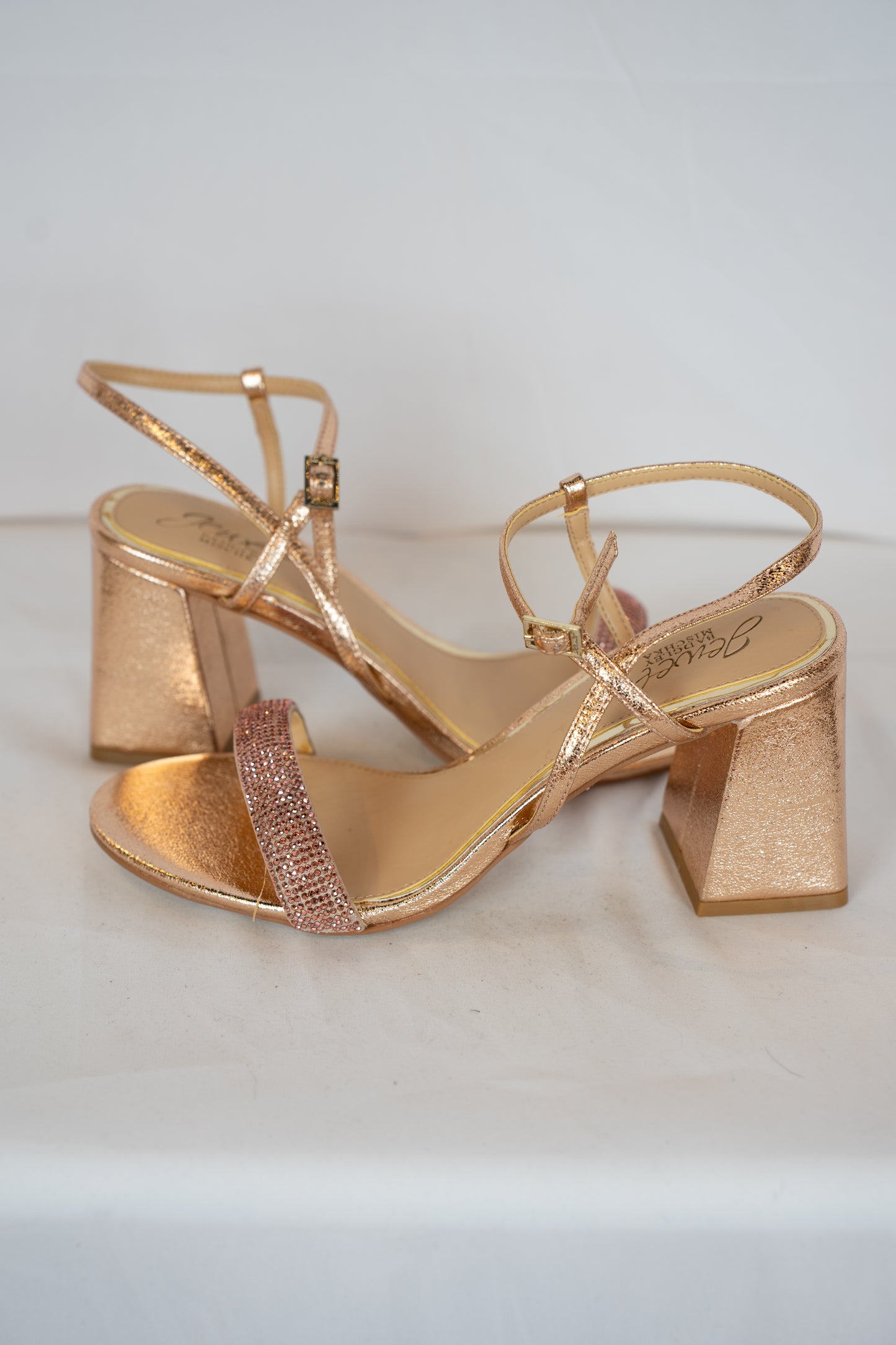 COMES WITH BOX - Jewel Badgley Mischa Rose Gold Rhinestone Block Heels