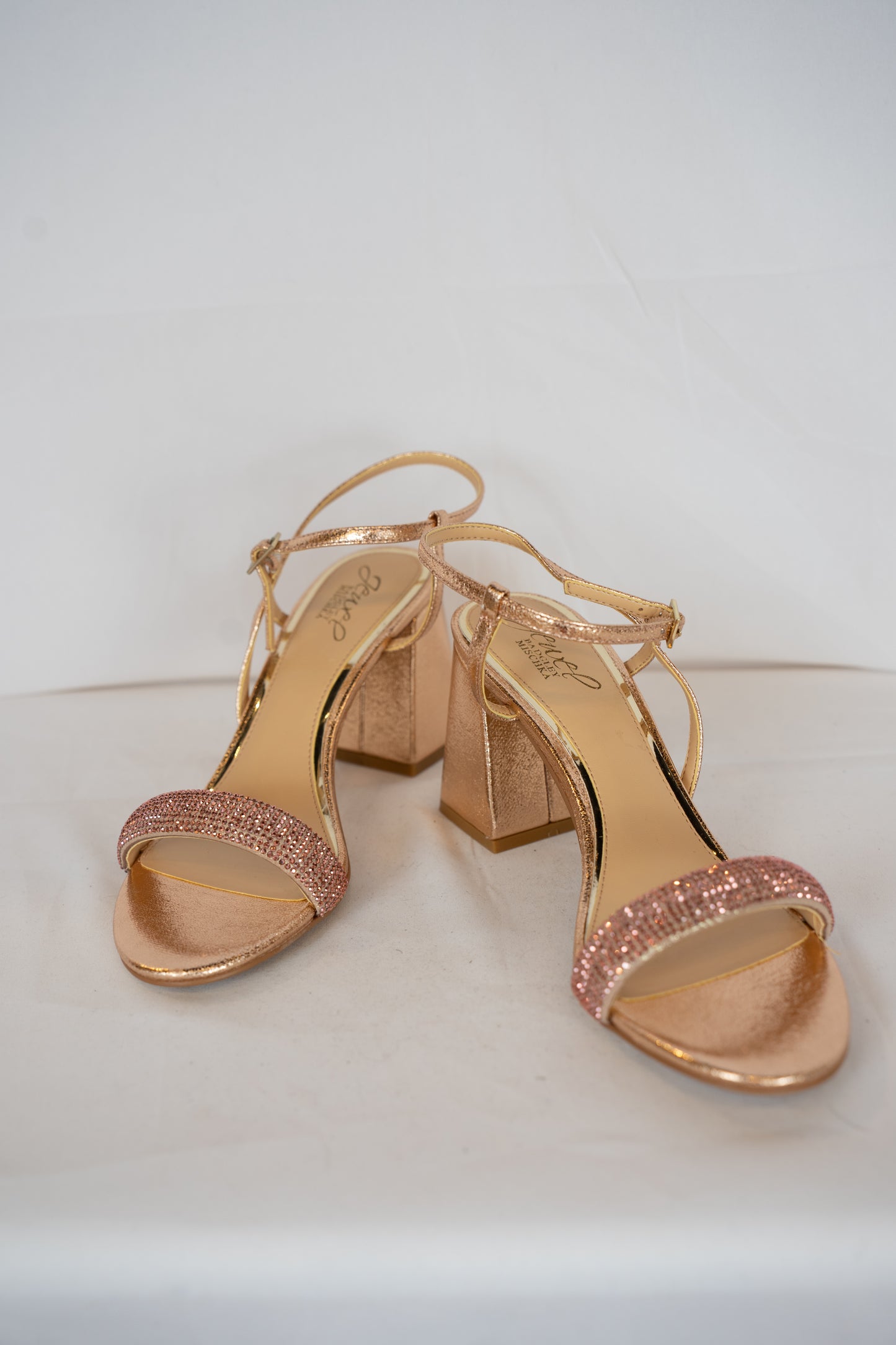 COMES WITH BOX - Jewel Badgley Mischa Rose Gold Rhinestone Block Heels