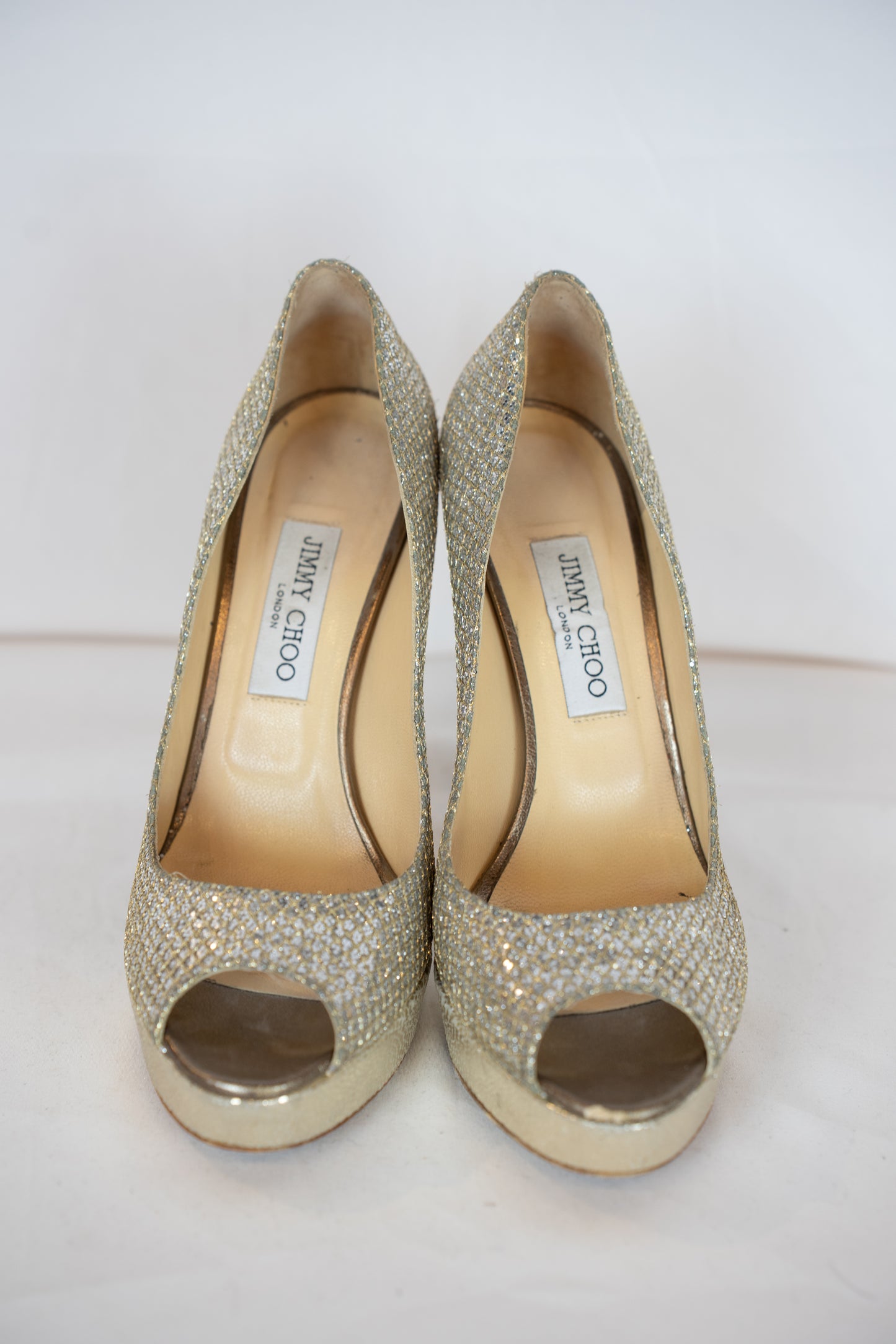 Jimmy Choo Gold Sparkle Peep Toe Heels