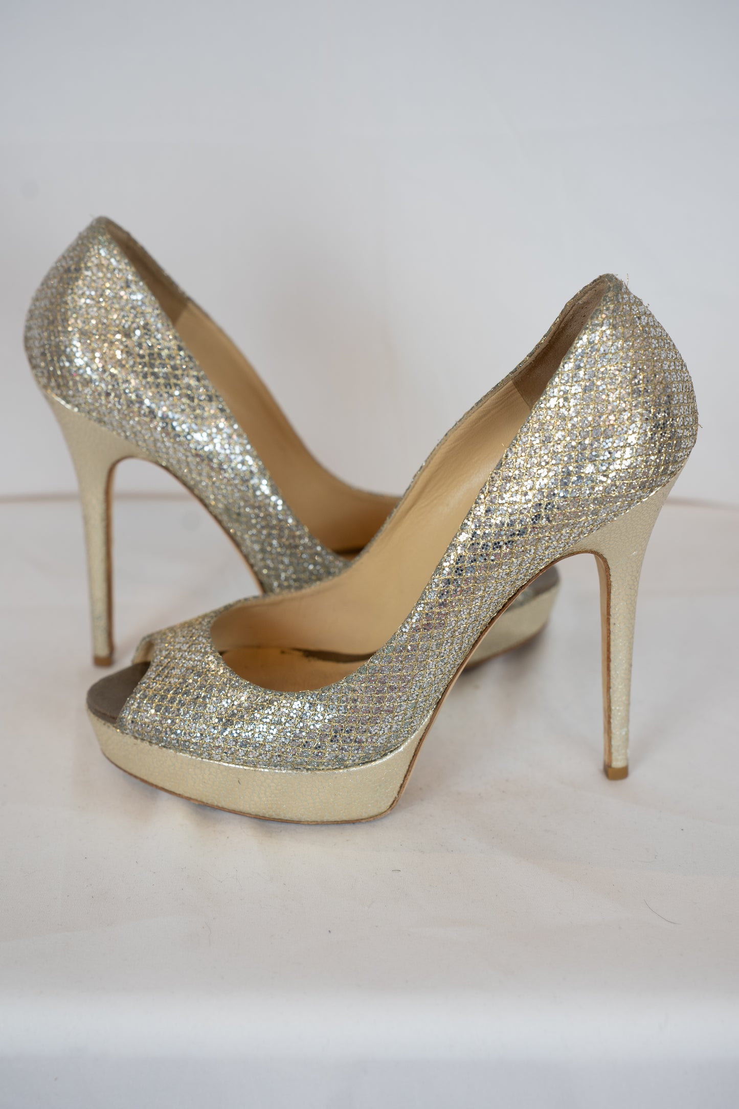 Jimmy Choo Gold Sparkle Peep Toe Heels