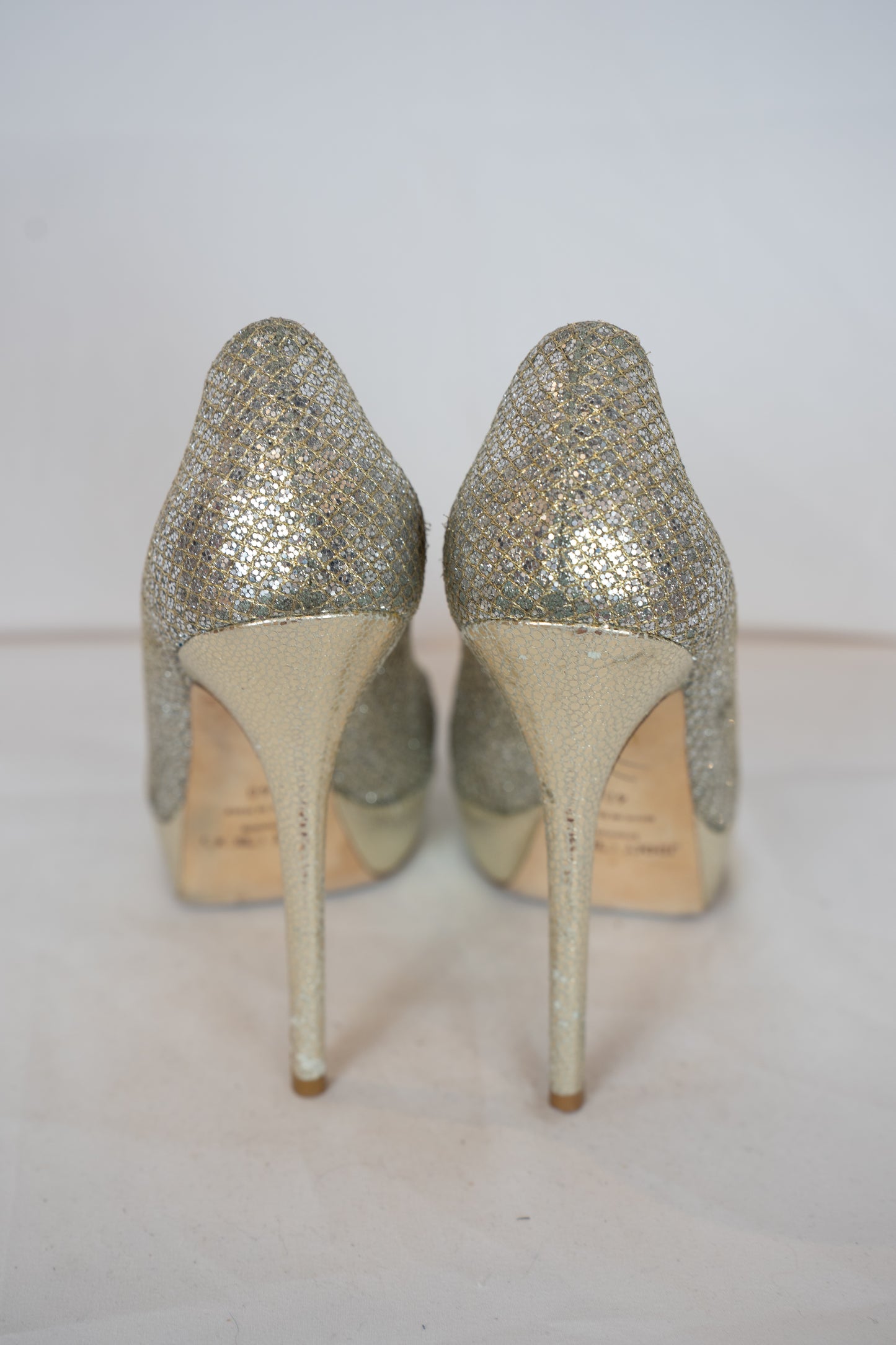 Jimmy Choo Gold Sparkle Peep Toe Heels