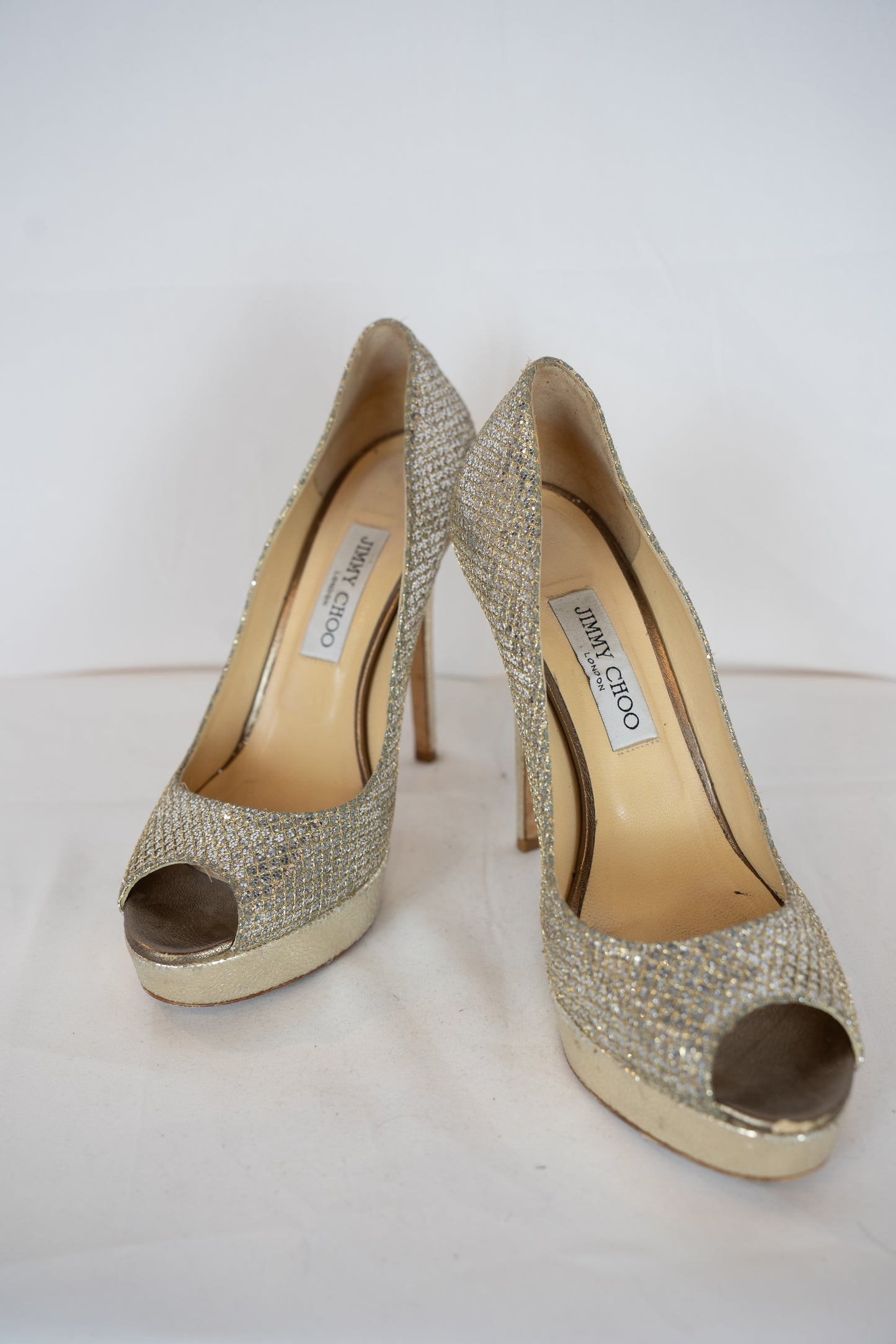 Jimmy Choo Gold Sparkle Peep Toe Heels