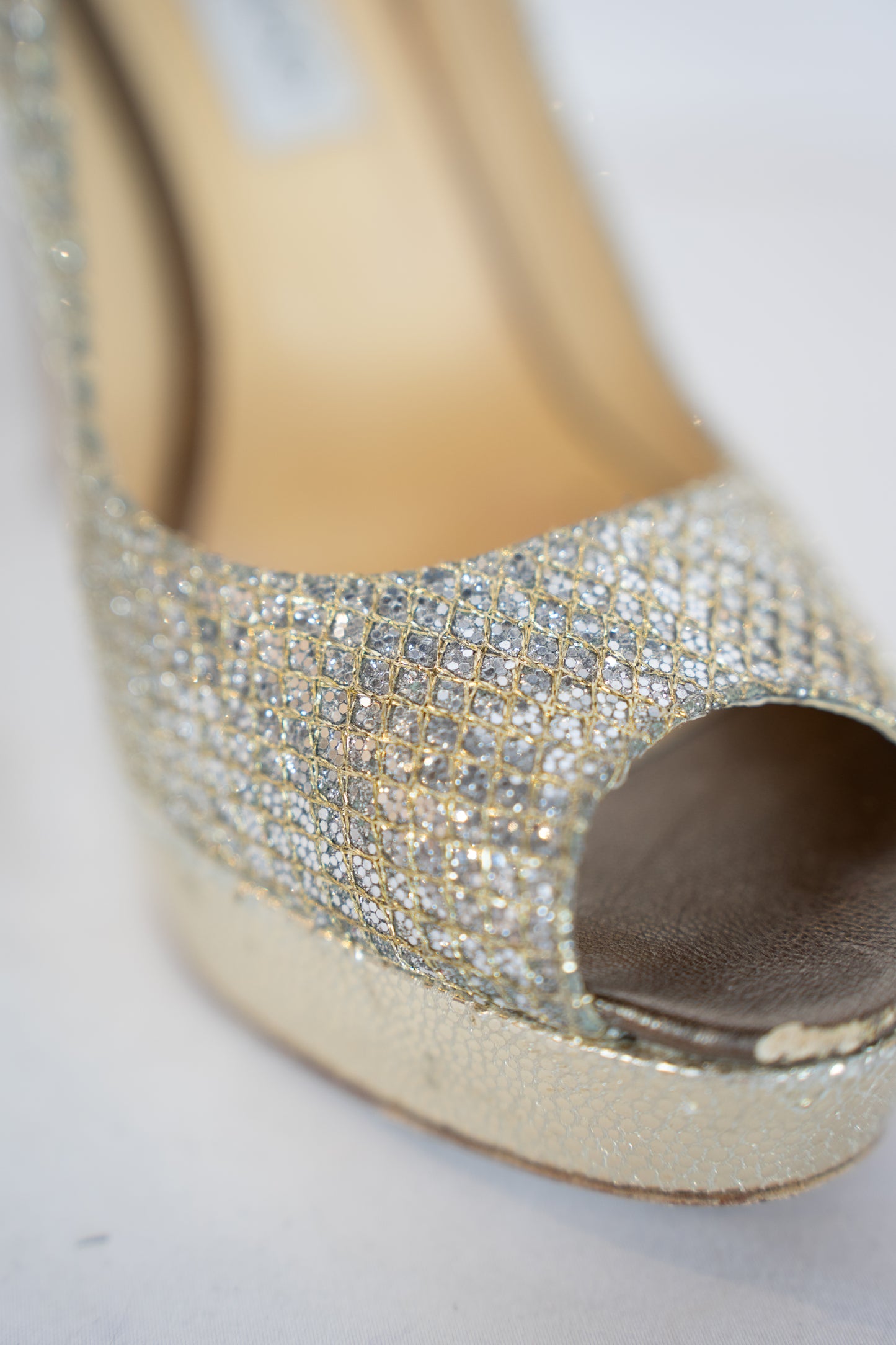 Jimmy Choo Gold Sparkle Peep Toe Heels