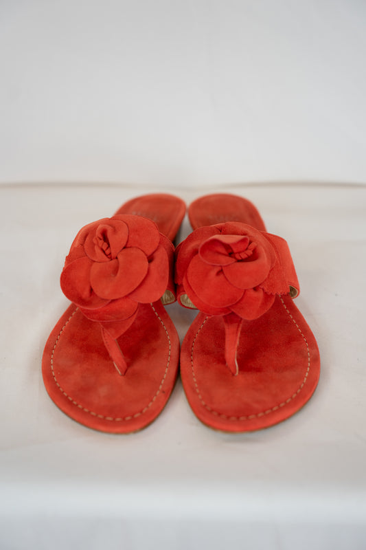 Stuart Weitzman Suede Orange Red Front Flower Sandals w Mini Block Heel