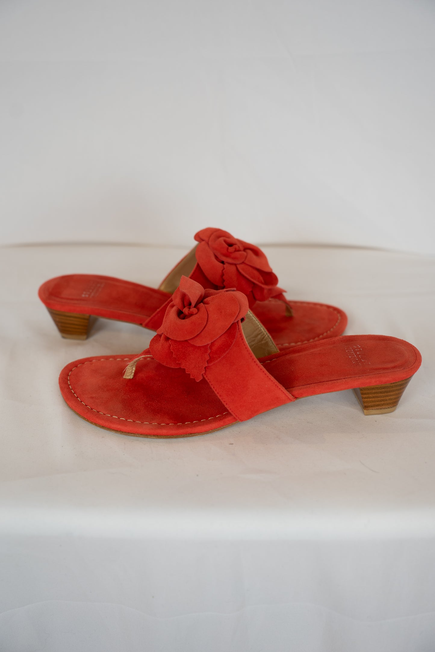 Stuart Weitzman Suede Orange Red Front Flower Sandals w Mini Block Heel