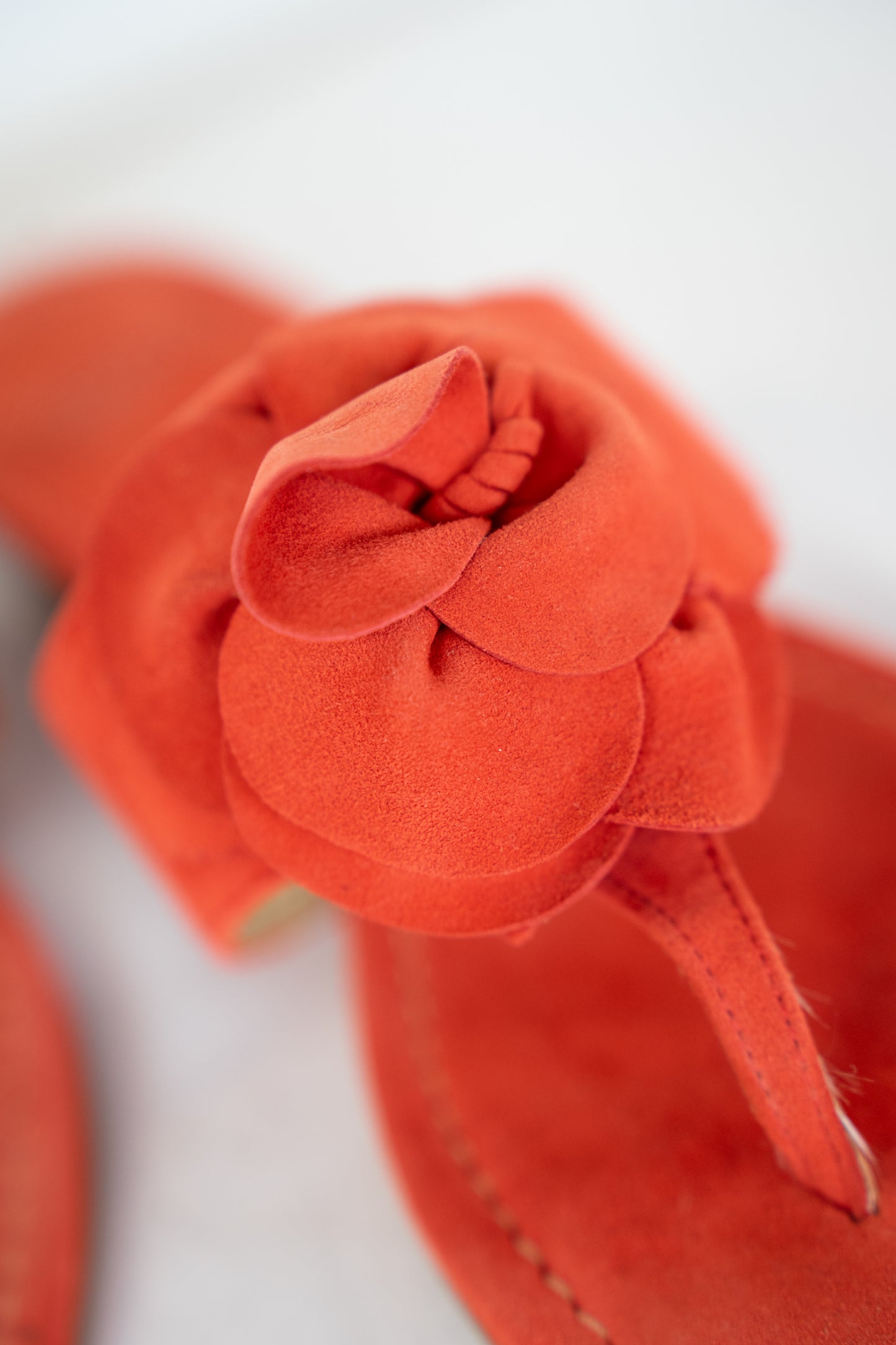 Stuart Weitzman Suede Orange Red Front Flower Sandals w Mini Block Heel