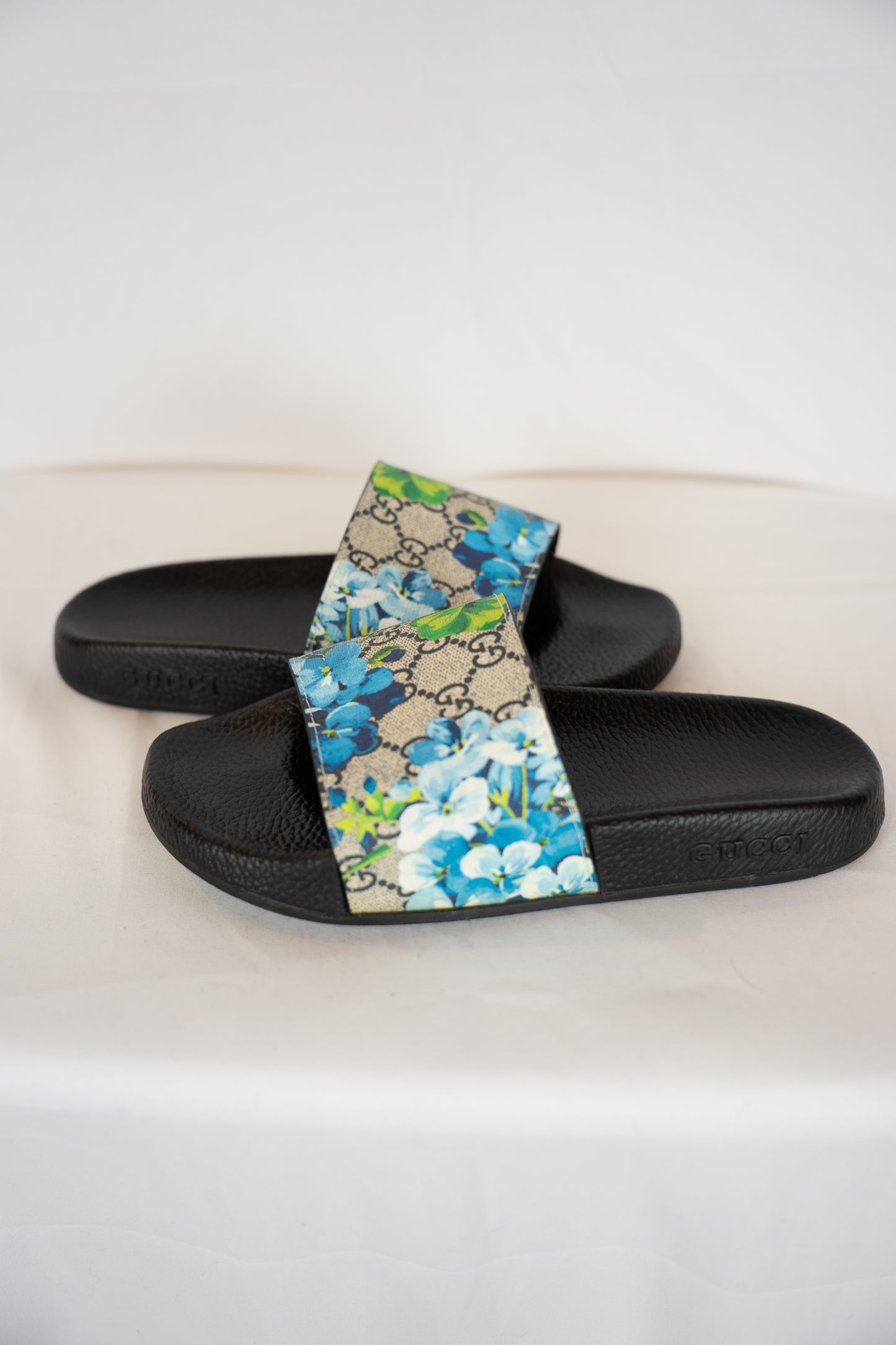 Gucci Monogram & Blue Floral Open Toe Sildes