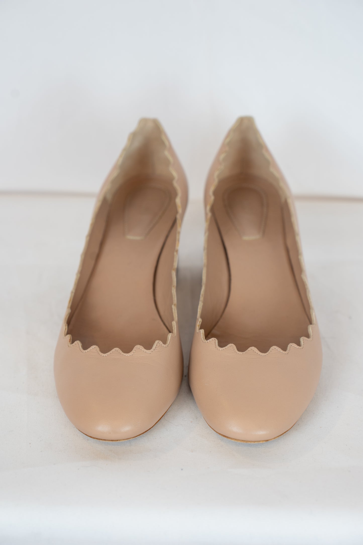 Chloe Leather Scalloped Chunk Heel Round Toe Pumps