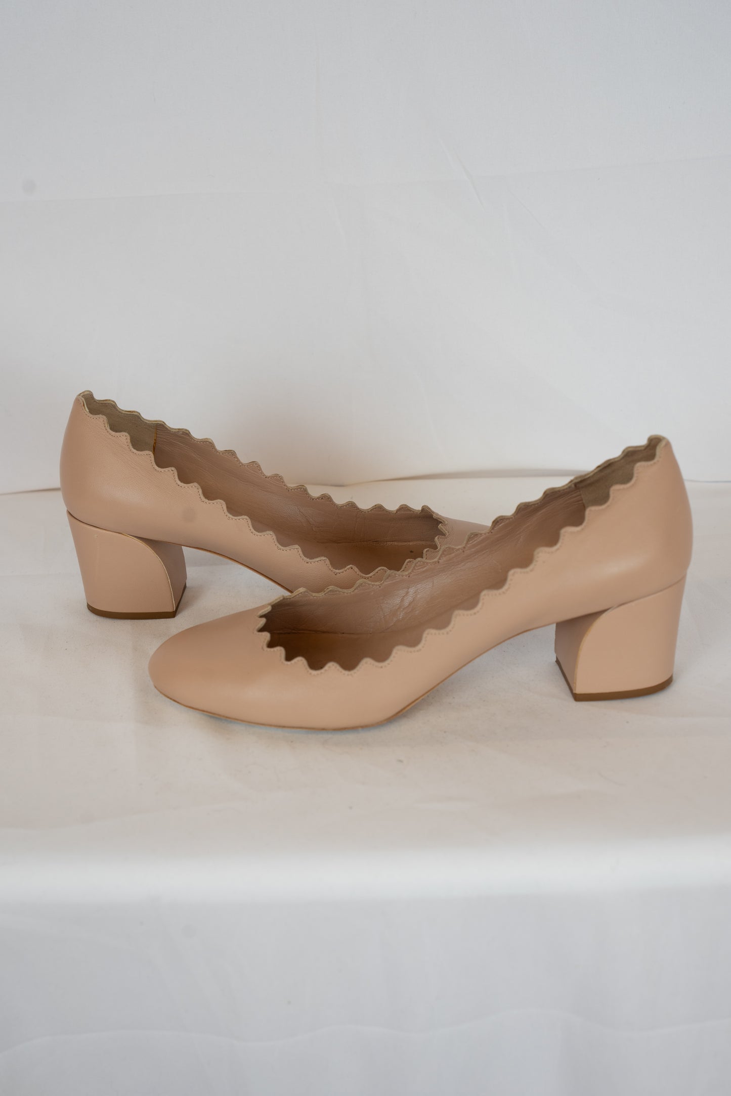 Chloe Leather Scalloped Chunk Heel Round Toe Pumps