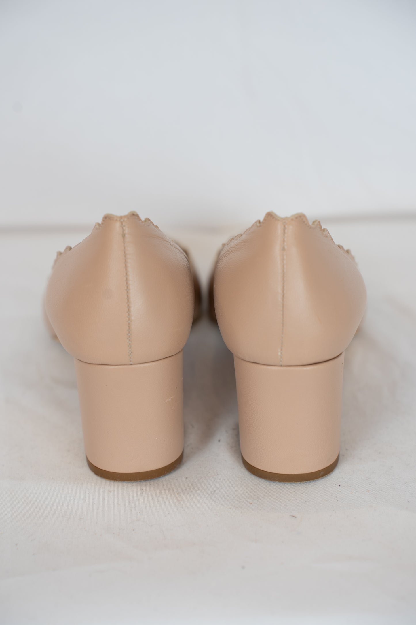 Chloe Leather Scalloped Chunk Heel Round Toe Pumps