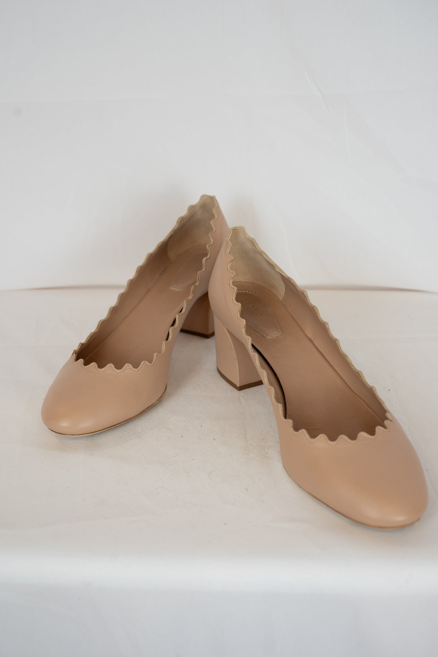 Chloe Leather Scalloped Chunk Heel Round Toe Pumps