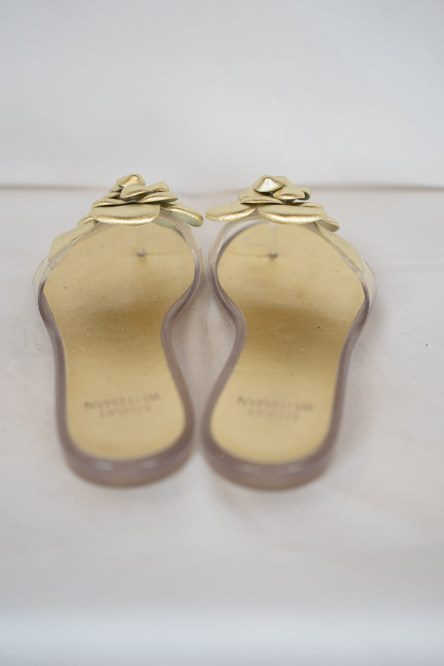 Stuart Weitzman Gold Jelly Flip Flop w/ Flower Detail