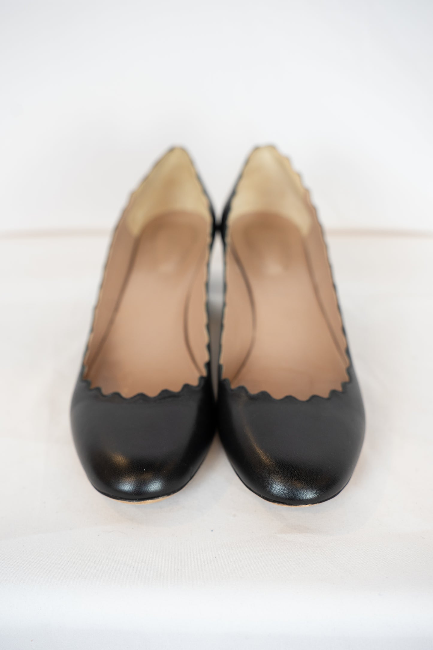 Chloe Black Leather Scalloped Chunk Heel Round Toe Pumps
