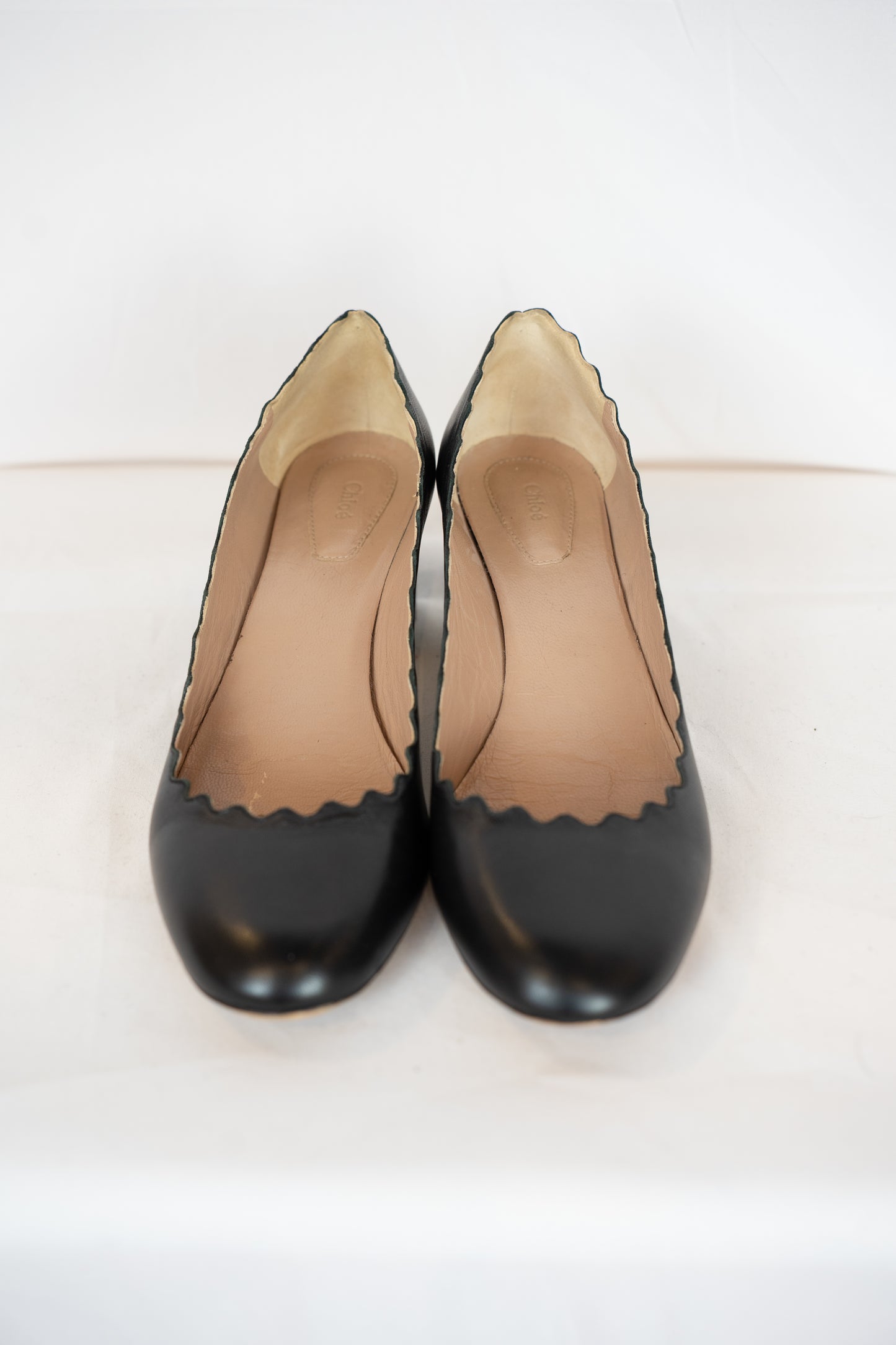 Chloe Black Leather Scalloped Chunk Heel Round Toe Pumps