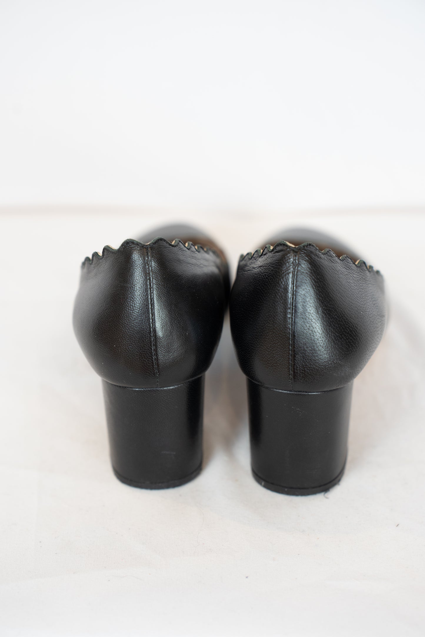 Chloe Black Leather Scalloped Chunk Heel Round Toe Pumps