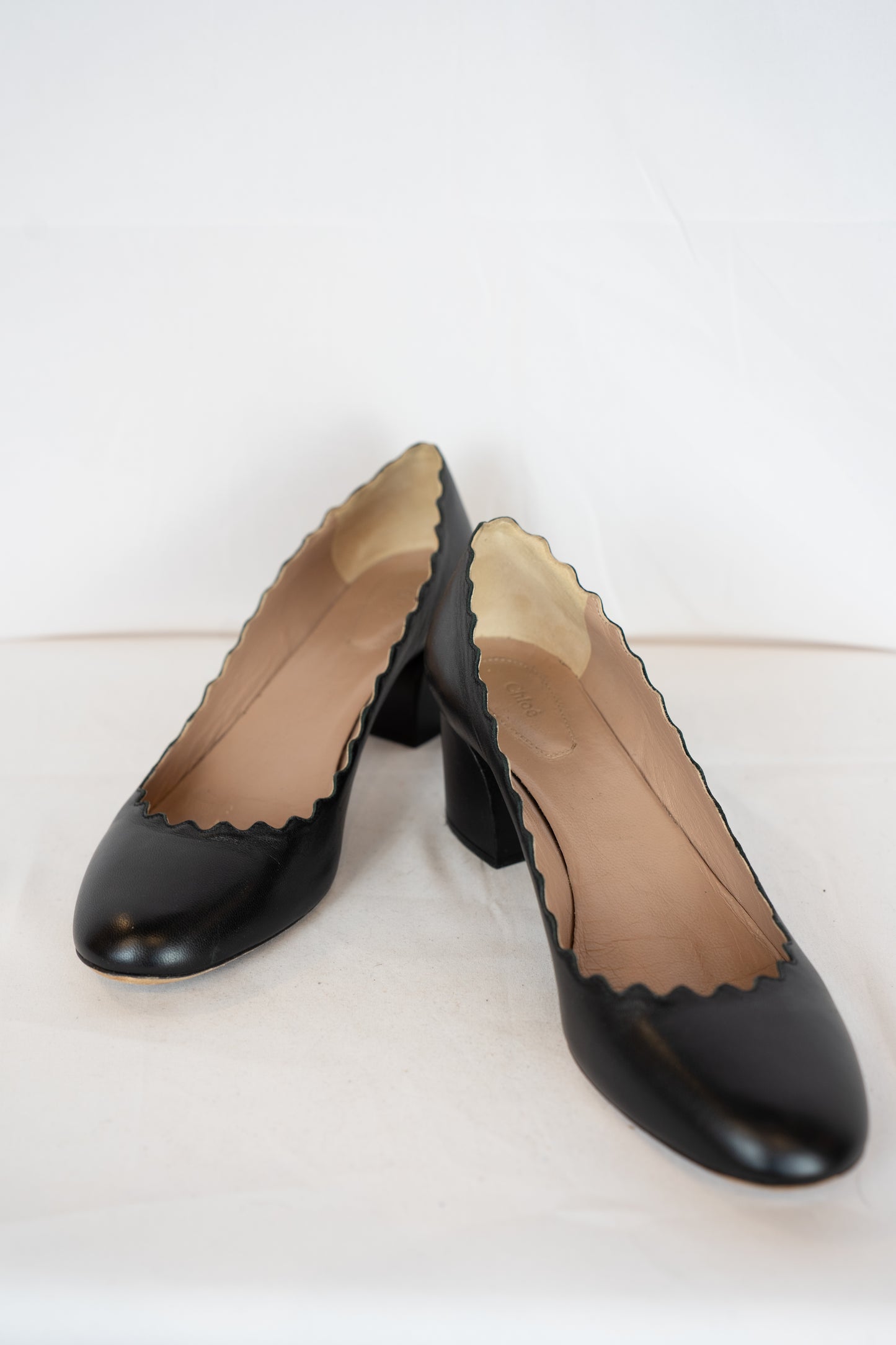 Chloe Black Leather Scalloped Chunk Heel Round Toe Pumps