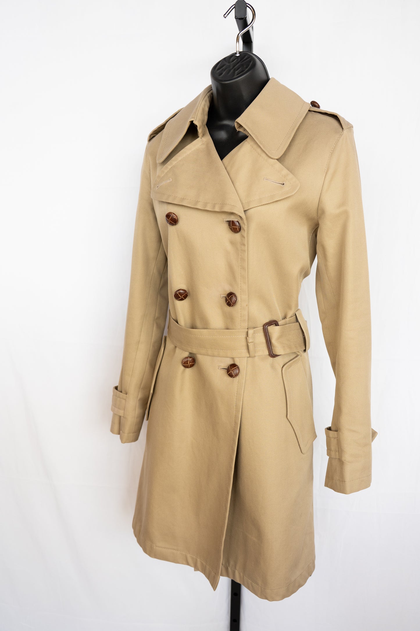 Burberry Khaki Woven Leather Button Up Trench Coat w Belt