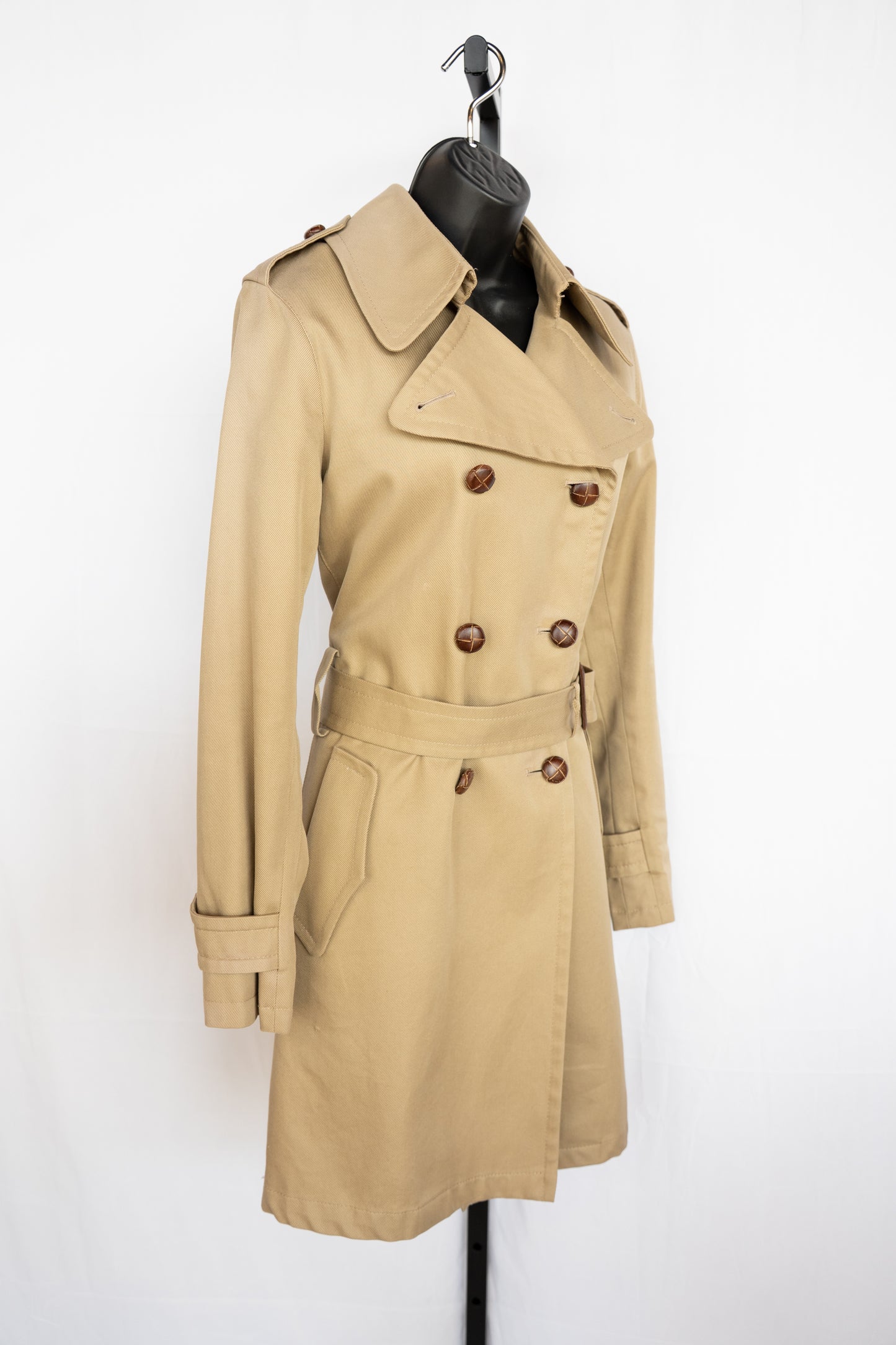 Burberry Khaki Woven Leather Button Up Trench Coat w Belt
