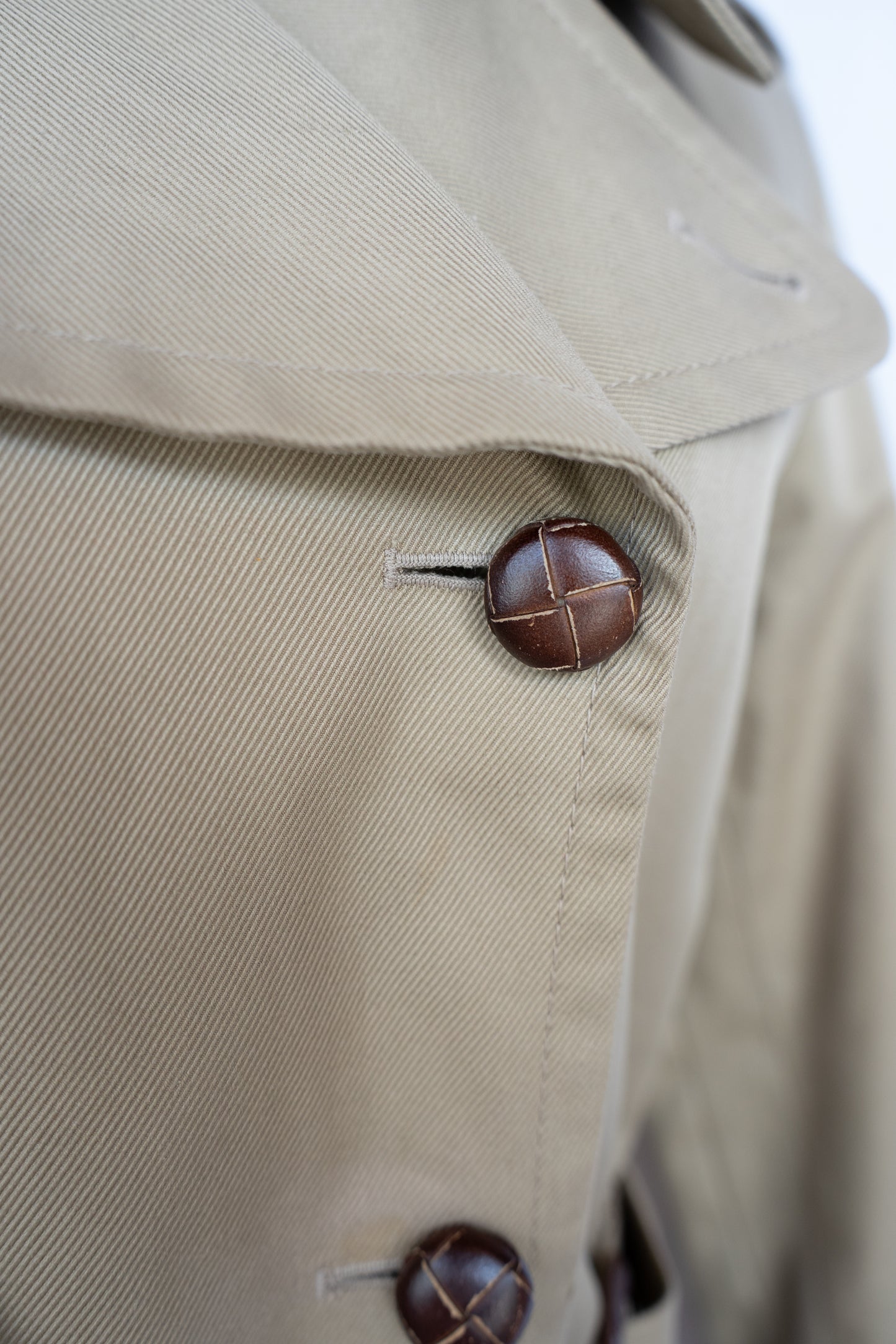 Burberry Khaki Woven Leather Button Up Trench Coat w Belt