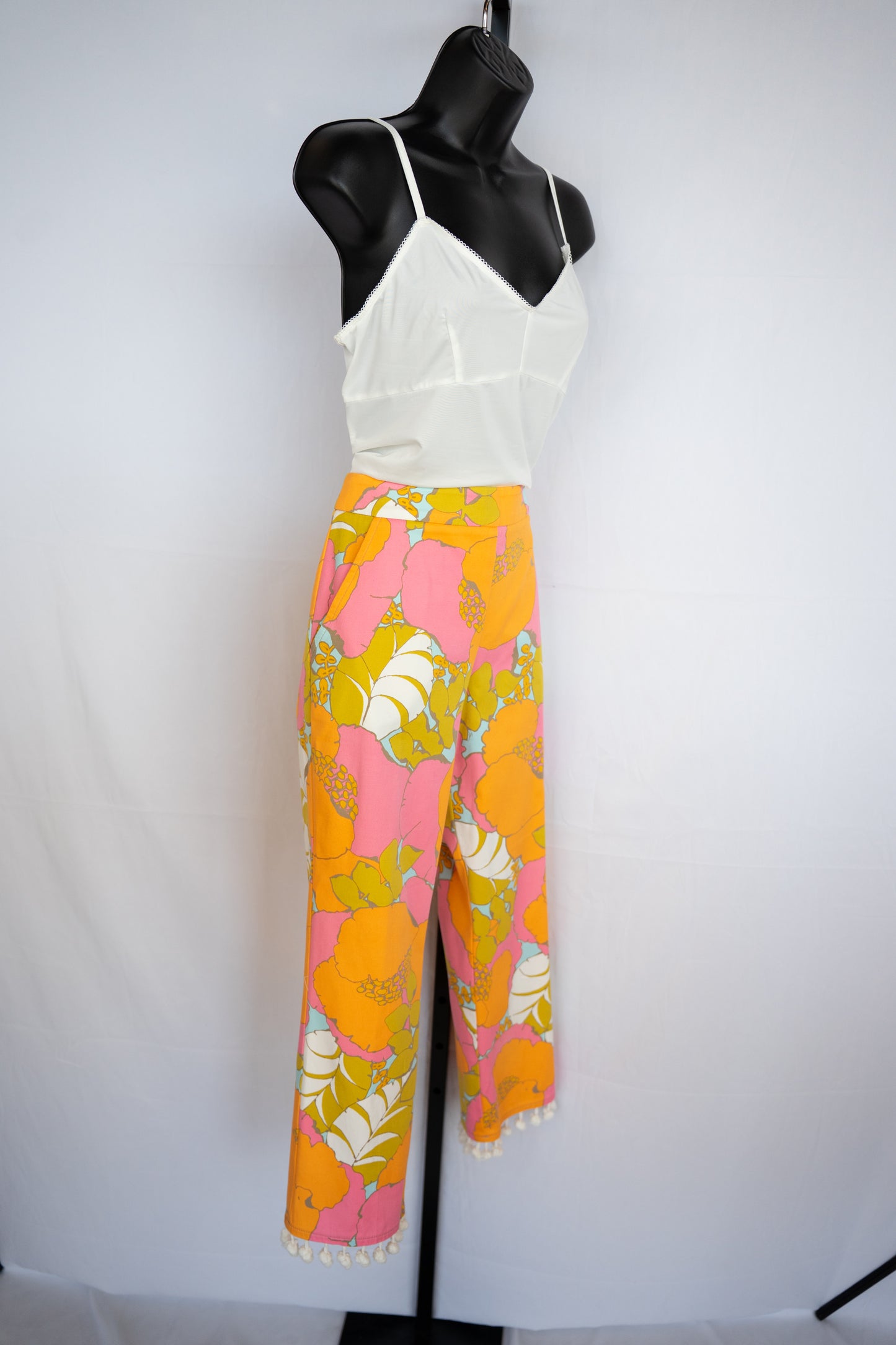 Trina Turk Pink & Orange Floral Pants w/ White Pom Poms on Bottom