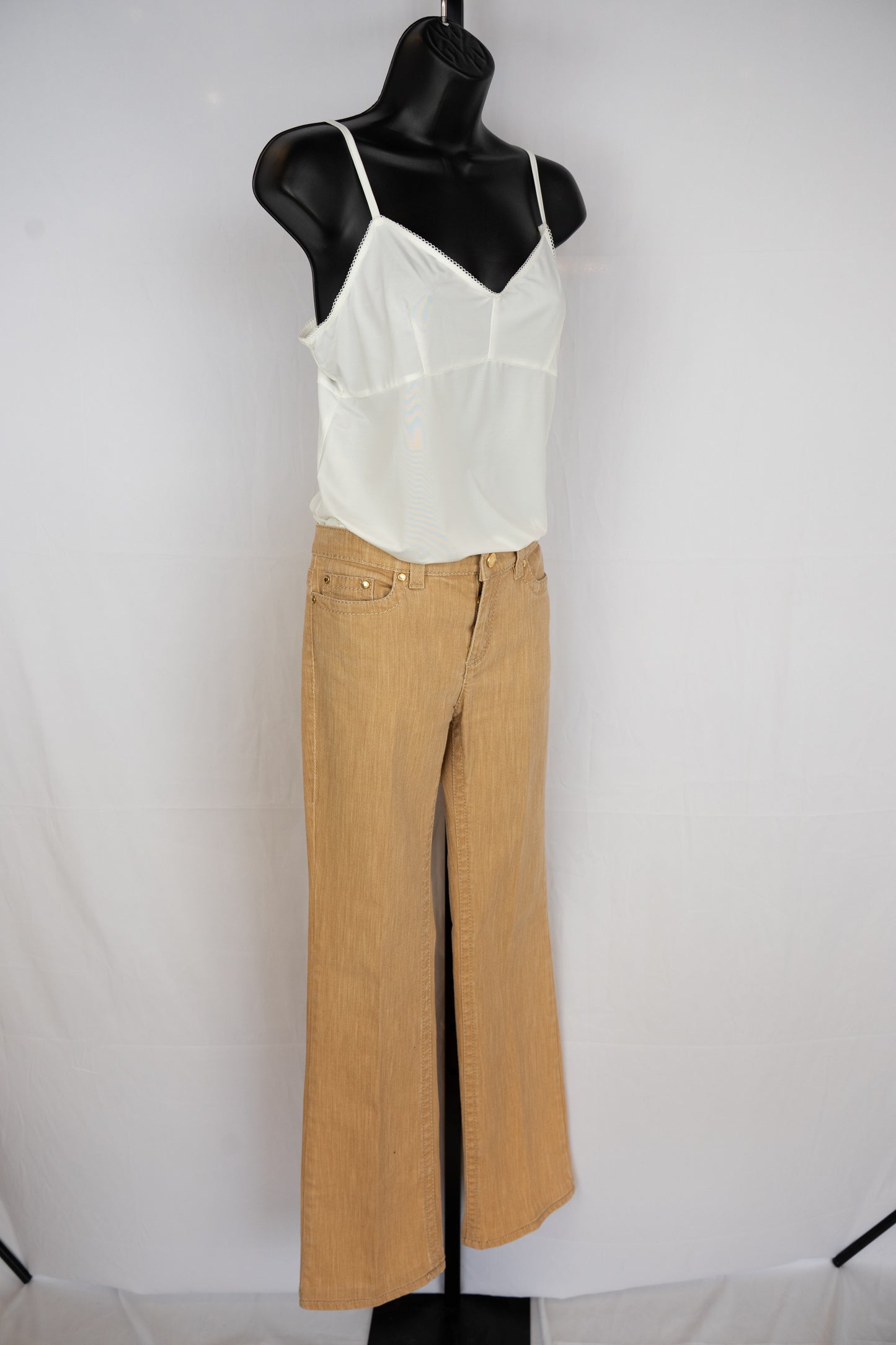 Roberto Cavalli Tan Low-rise Bootcut Pants w/ Gold Rhinestone Plate on Pocket