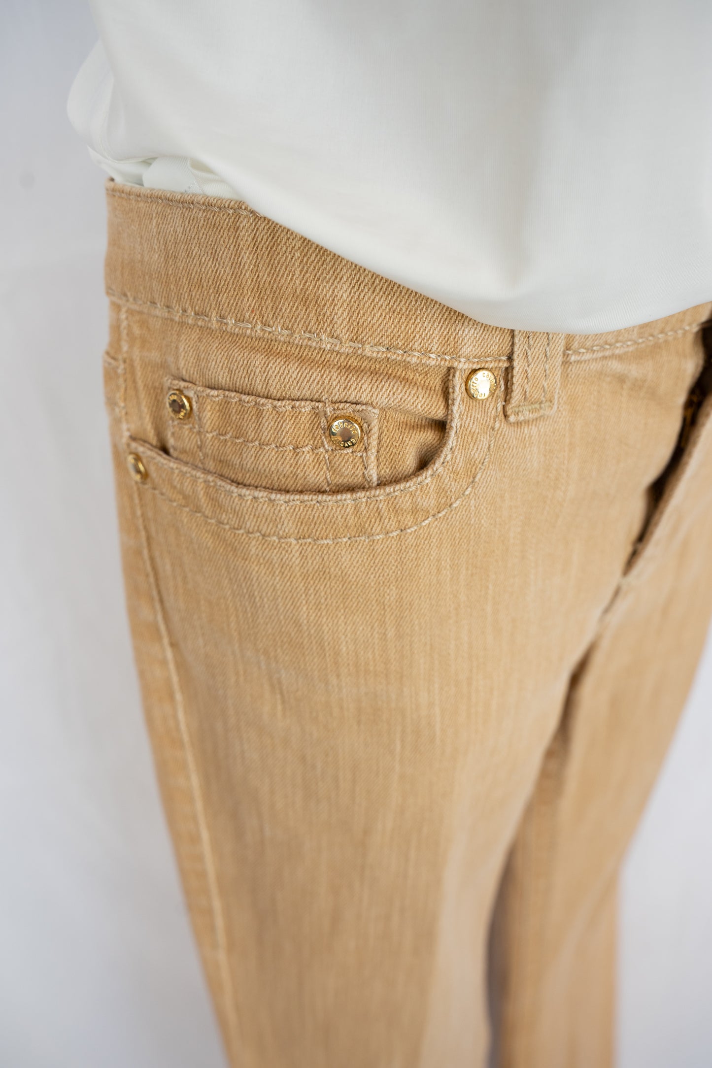 Roberto Cavalli Tan Low-rise Bootcut Pants w/ Gold Rhinestone Plate on Pocket