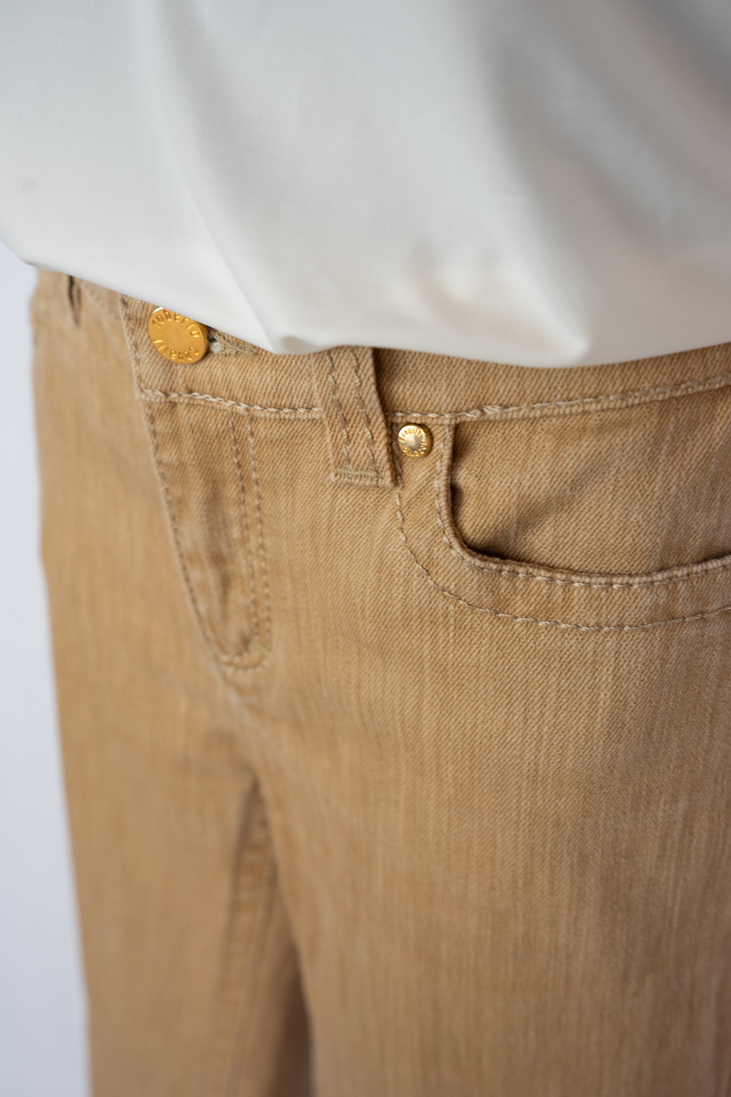 Roberto Cavalli Tan Low-rise Bootcut Pants w/ Gold Rhinestone Plate on Pocket