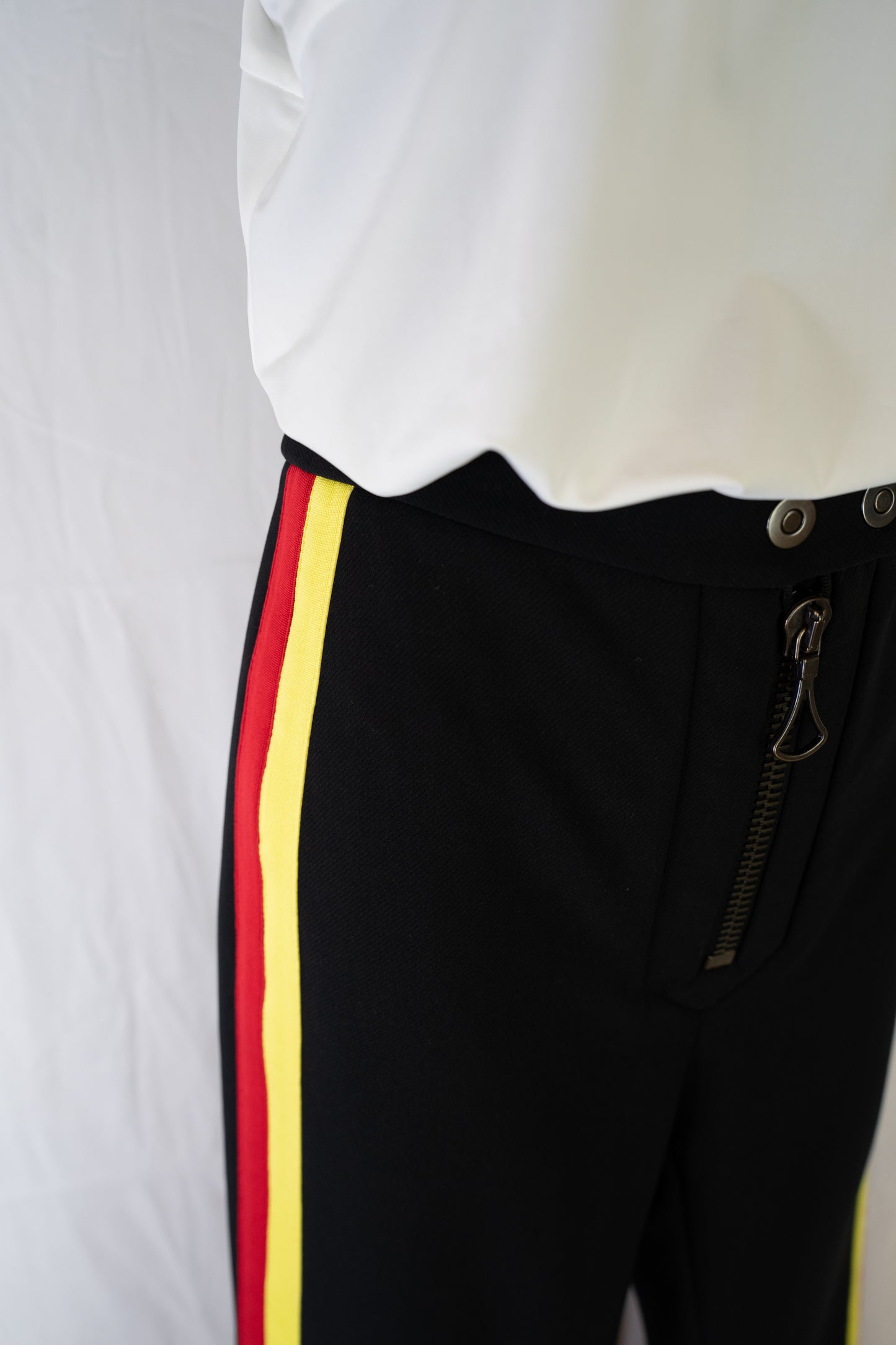 Ellery Black w Red/Yellow Stripe Flare Pants w Large Middle Front Zipper