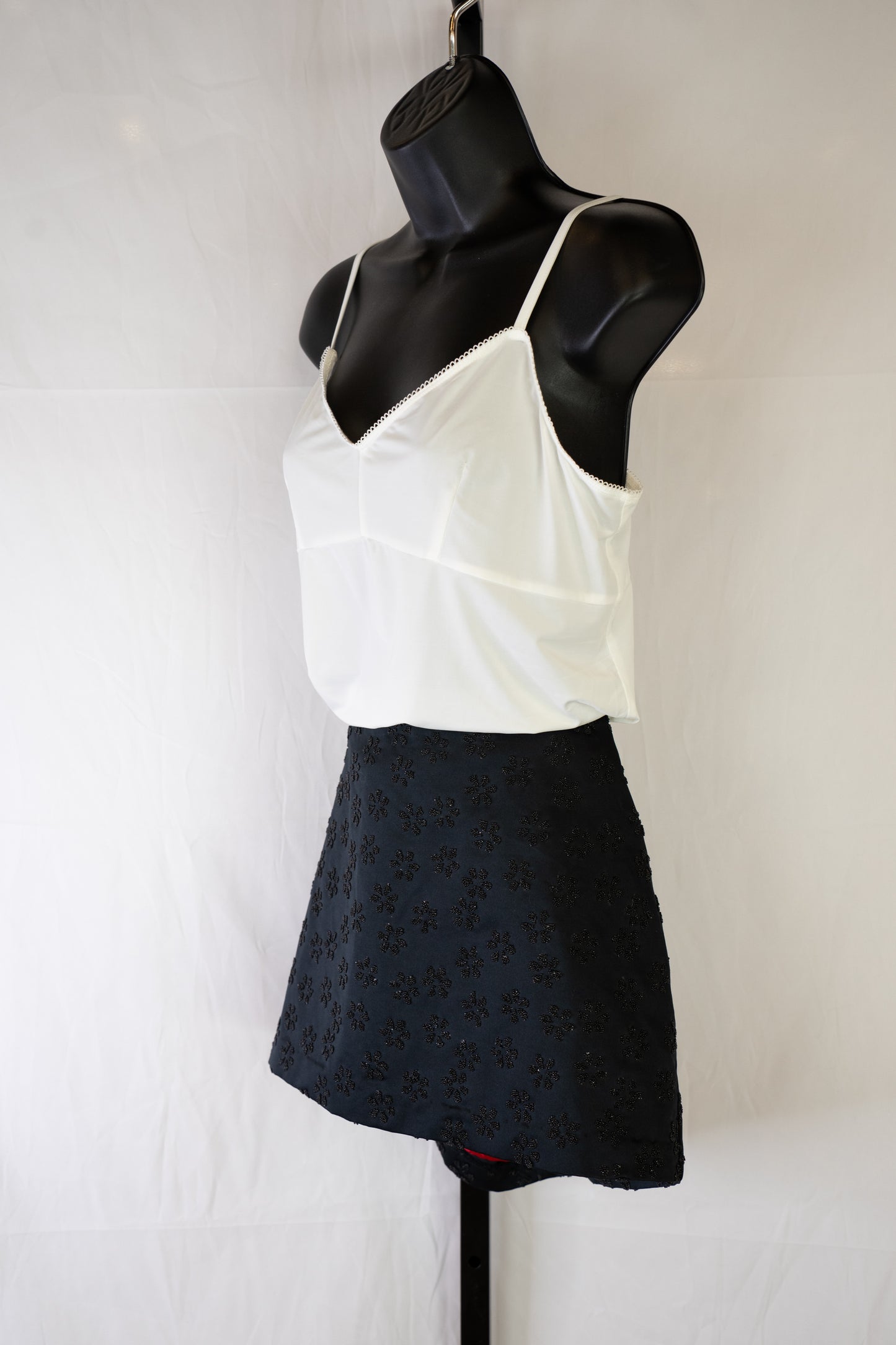 Eduardo Lucero Black Satin Mini Skirt w/ Black Beaded Floral Pattern