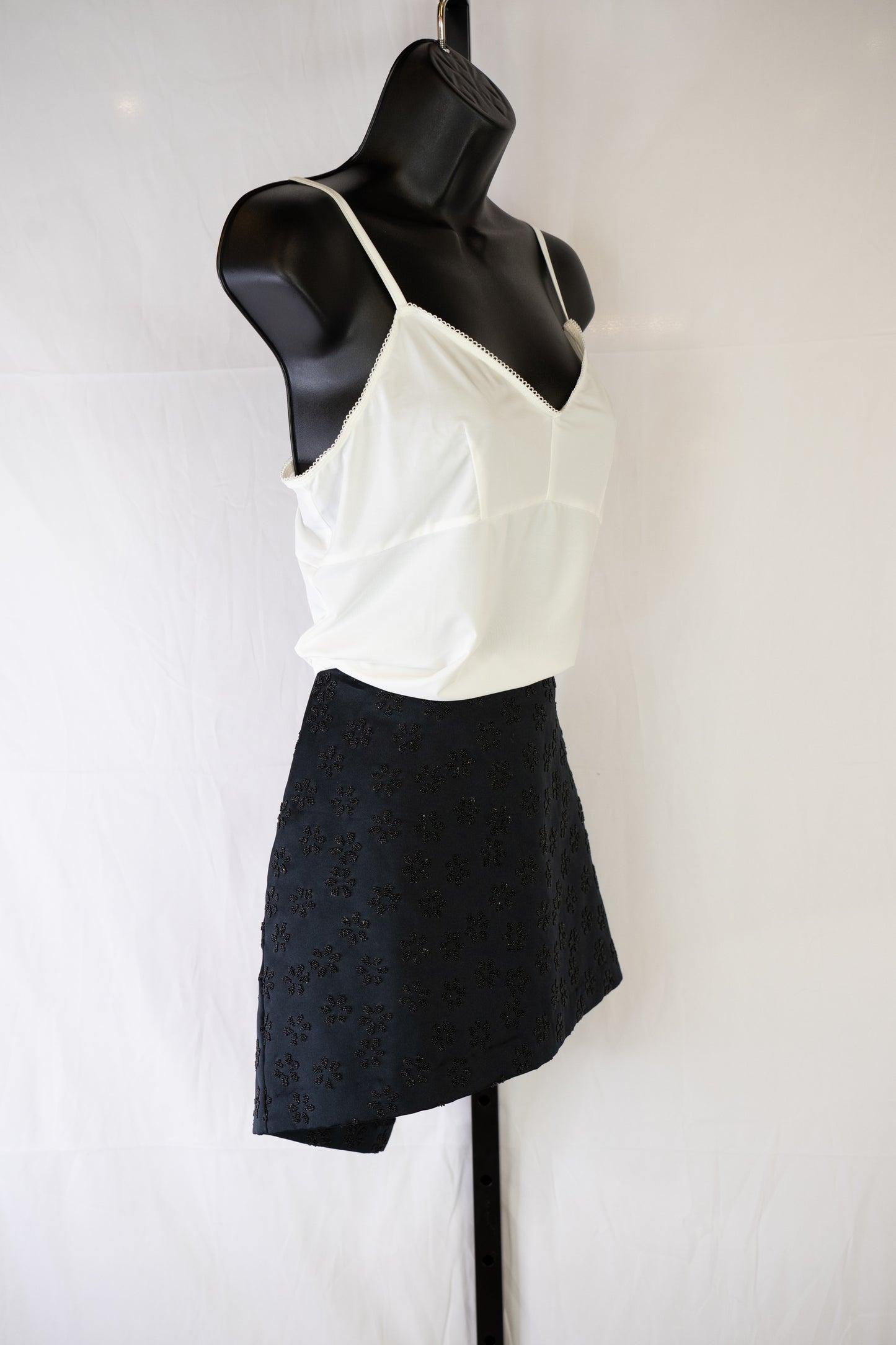 Eduardo Lucero Black Satin Mini Skirt w/ Black Beaded Floral Pattern
